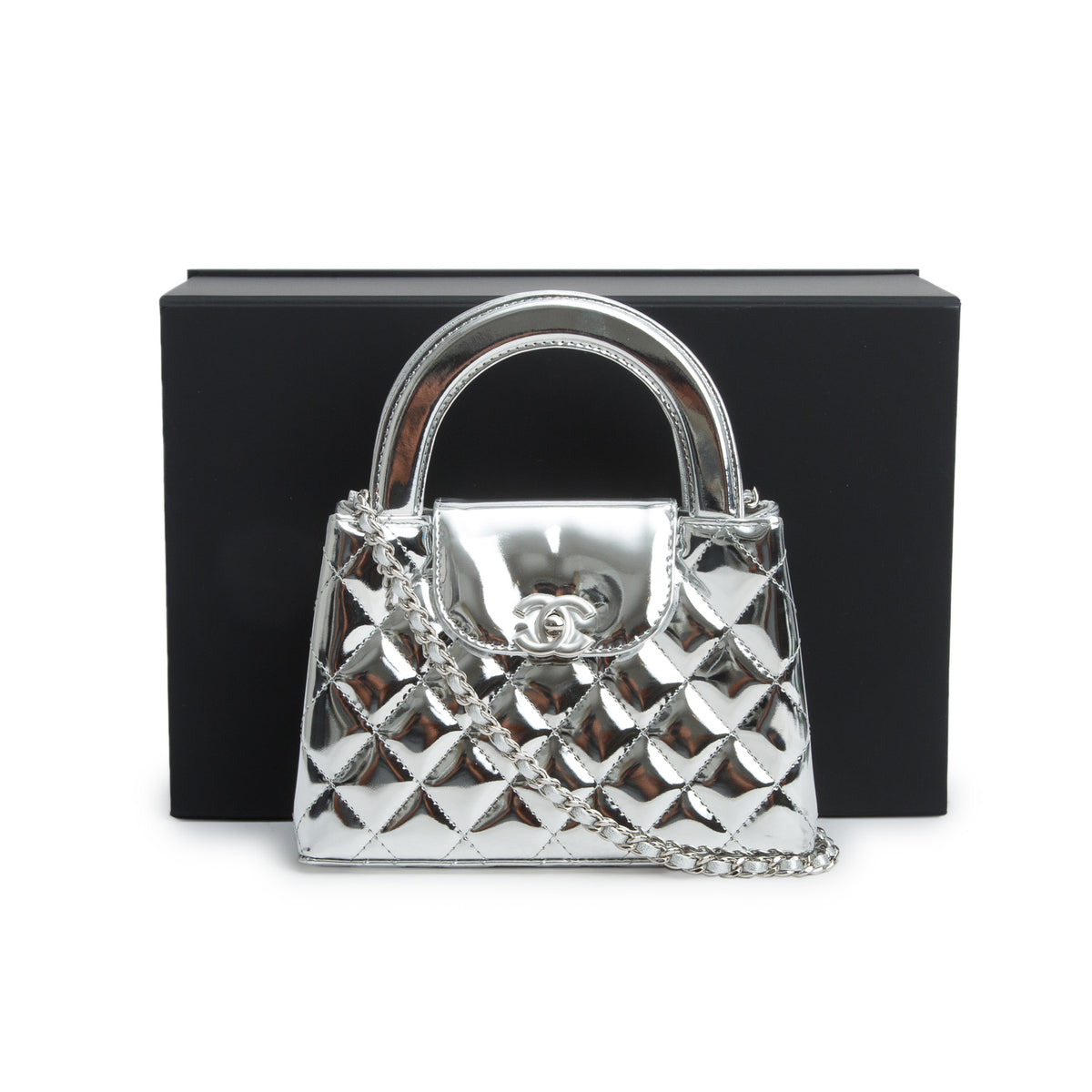 Chanel Silver Mirror Calfskin Metallic Calfskin Quilted Nano Kelly Shopper w/ Box
