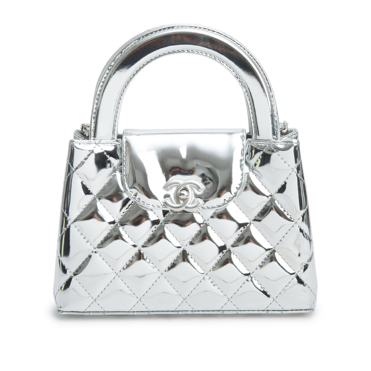 Chanel Silver Mirror Calfskin Metallic Calfskin Quilted Nano Kelly Shopper w/ Box