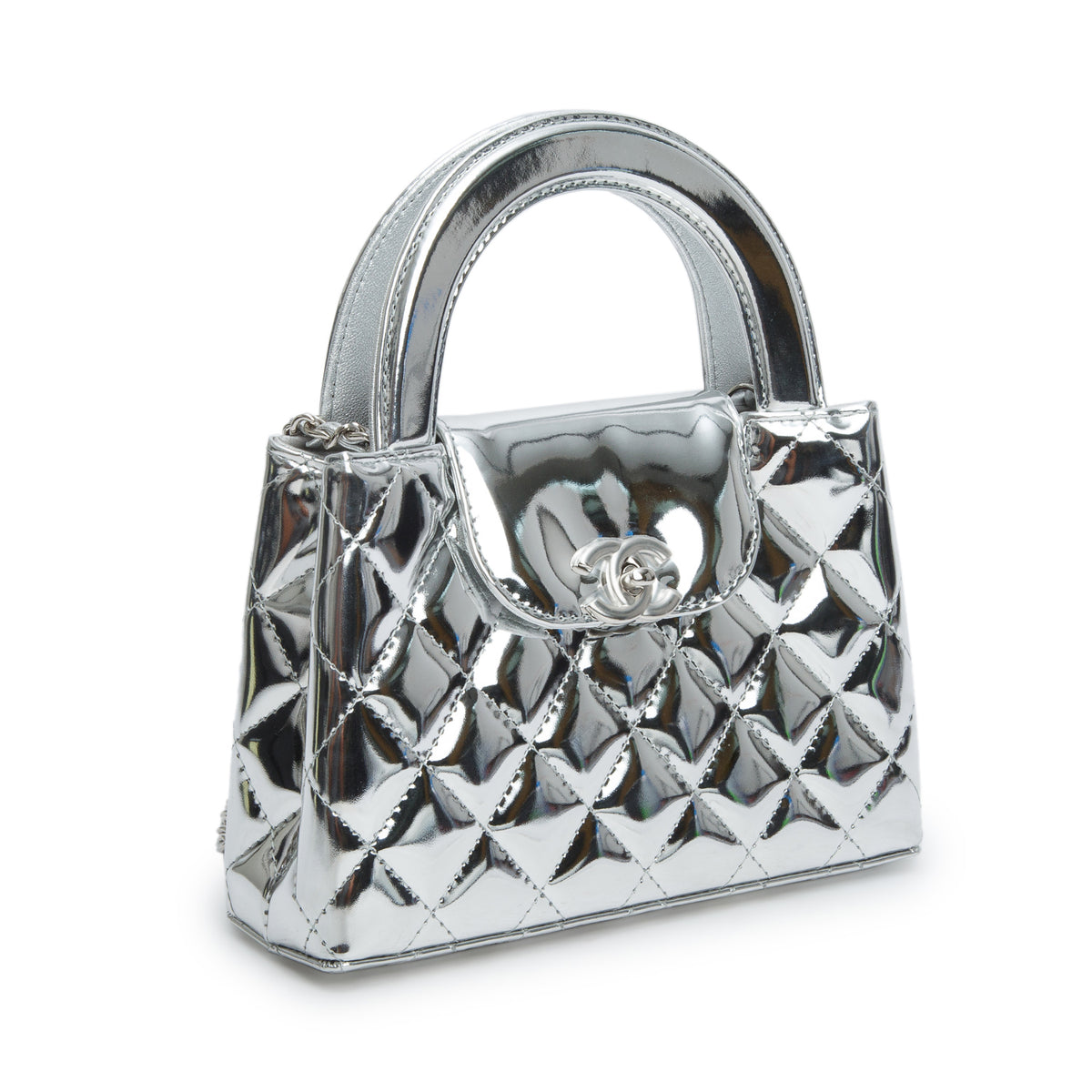 Chanel Silver Mirror Calfskin Metallic Calfskin Quilted Nano Kelly Shopper w/ Box