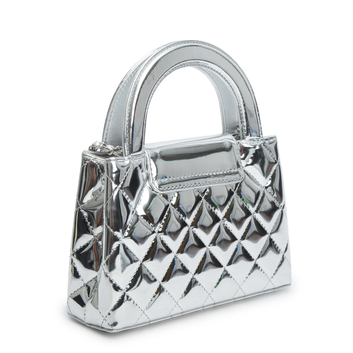 Chanel Silver Mirror Calfskin Metallic Calfskin Quilted Nano Kelly Shopper w/ Box