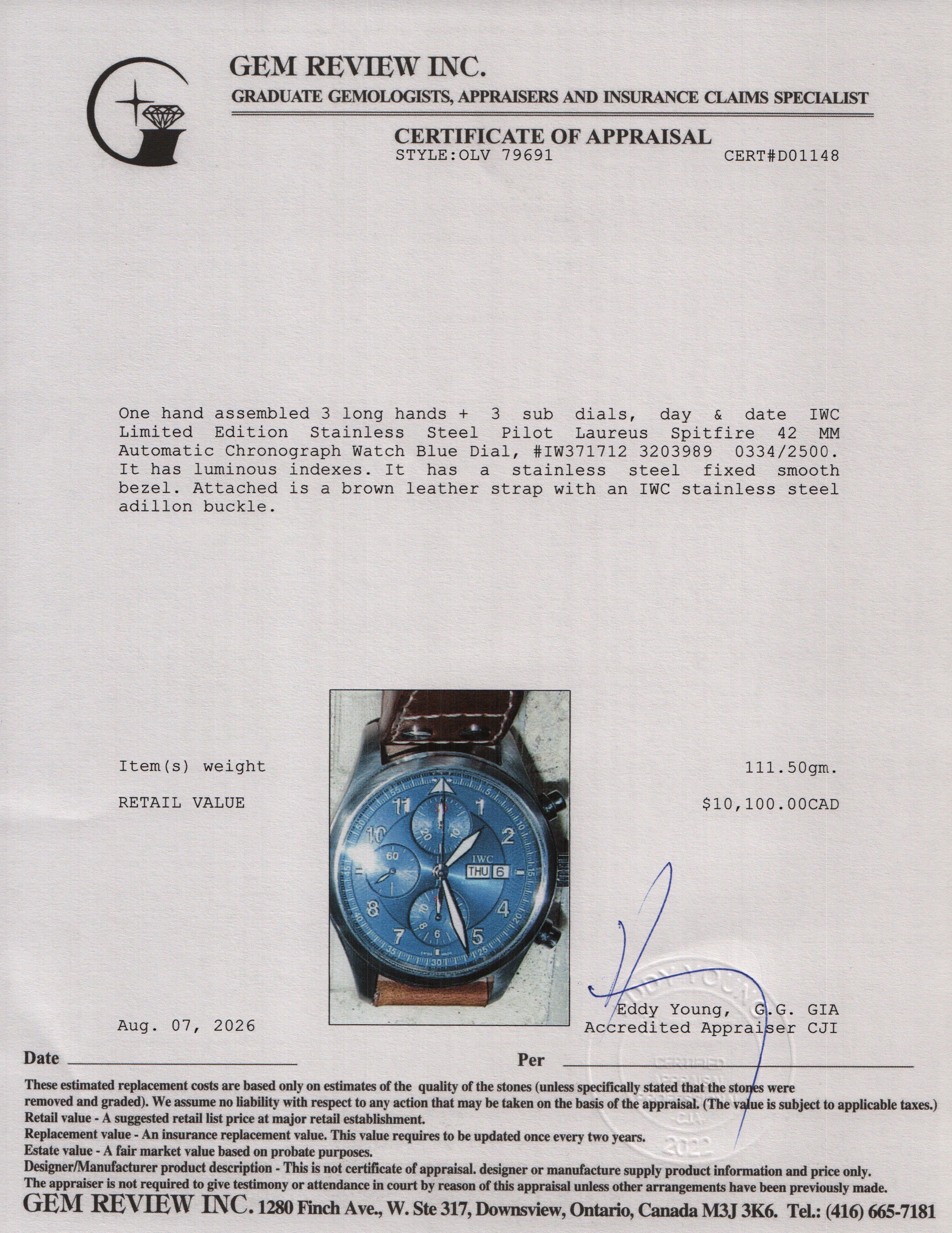 IWC Limited Edition Stainless Steel Pilot Laureus Spitfire 42 MM Automatic Chronograph Watch Blue Dial IW371712 w/ Box