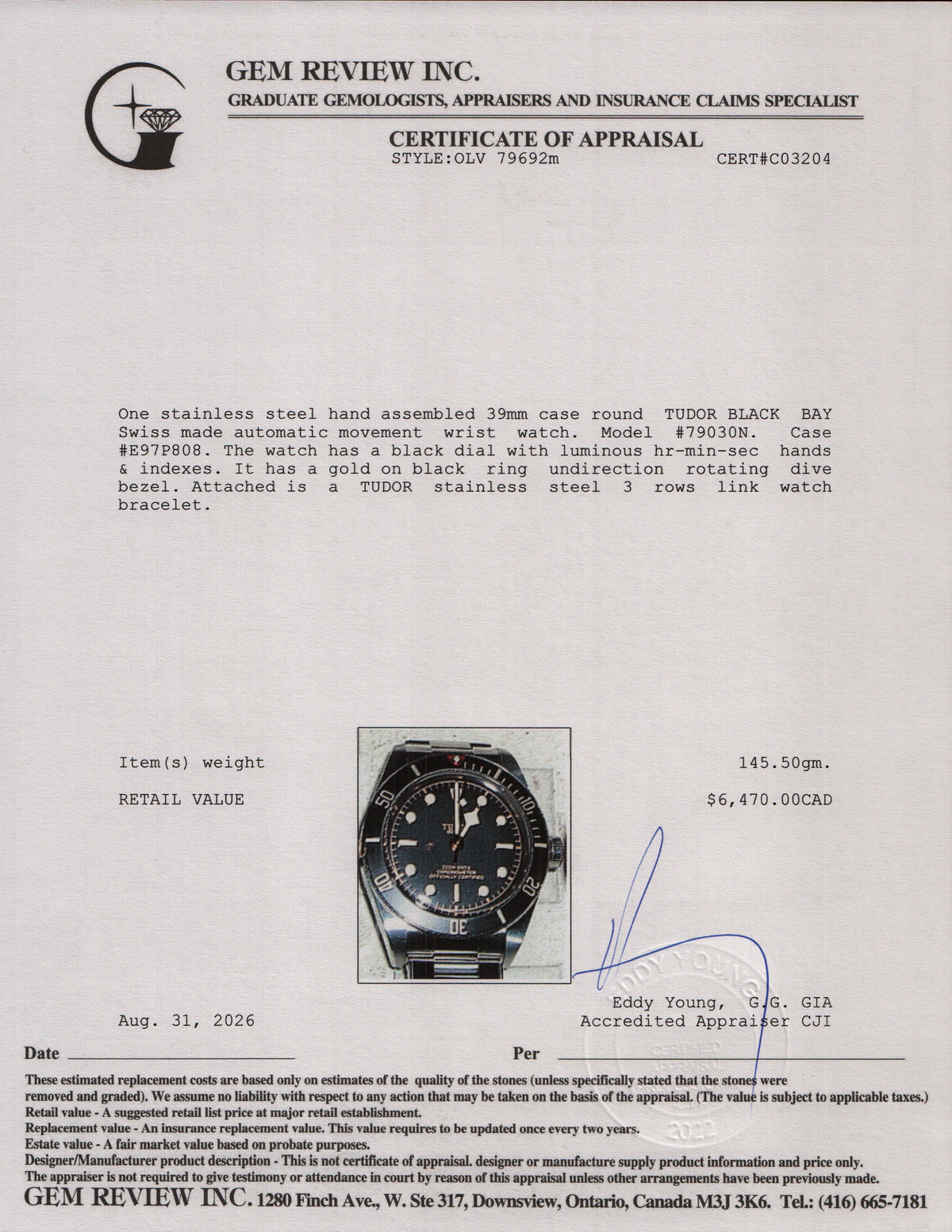 Tudor 2021 Stainless Steel Black Bay Fifty-Eight 39 MM Automatic Watch 79030N w/ Box & Papers