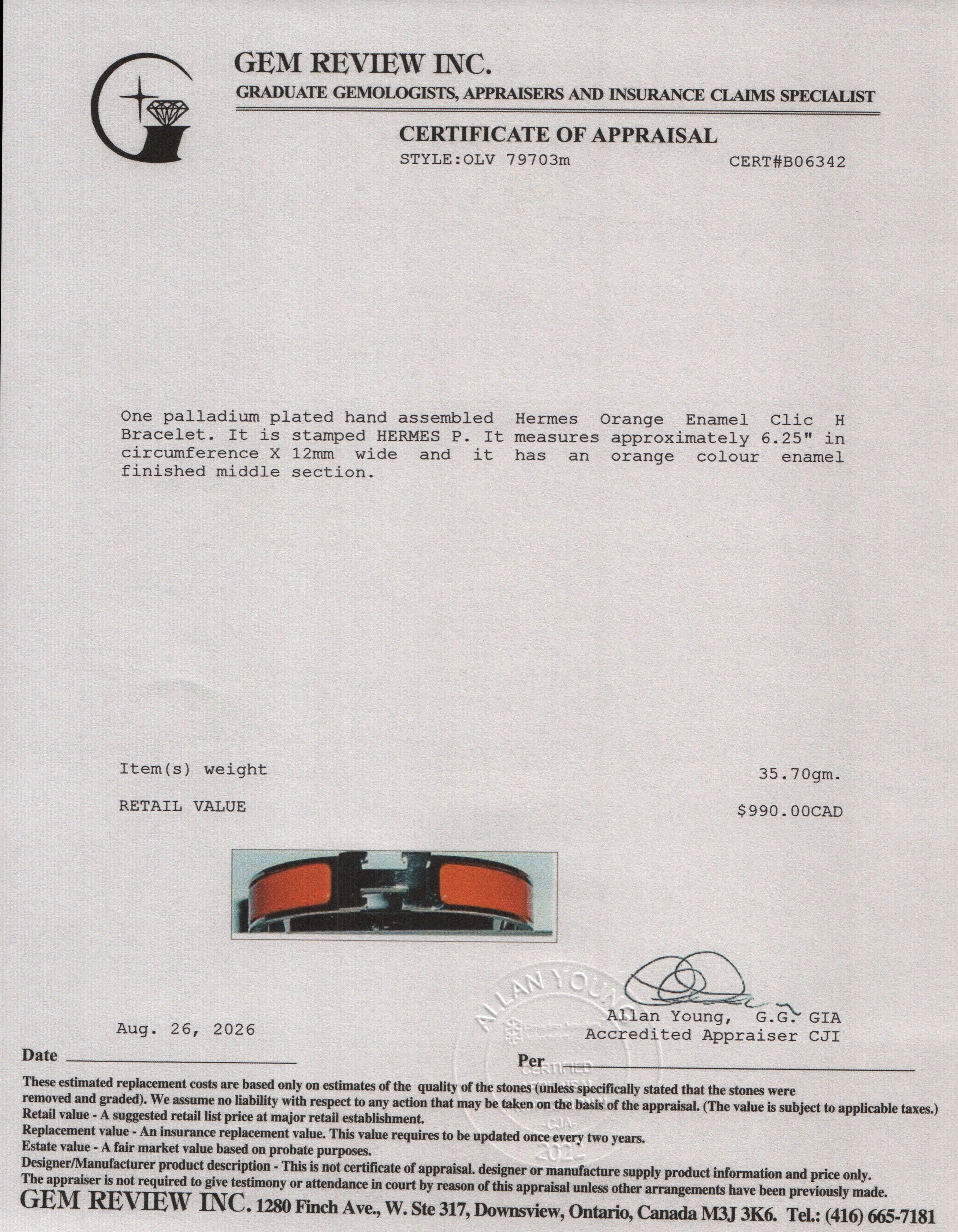 Hermes Palladium Plated Orange Enamel 12 MM Clic H Bracelet