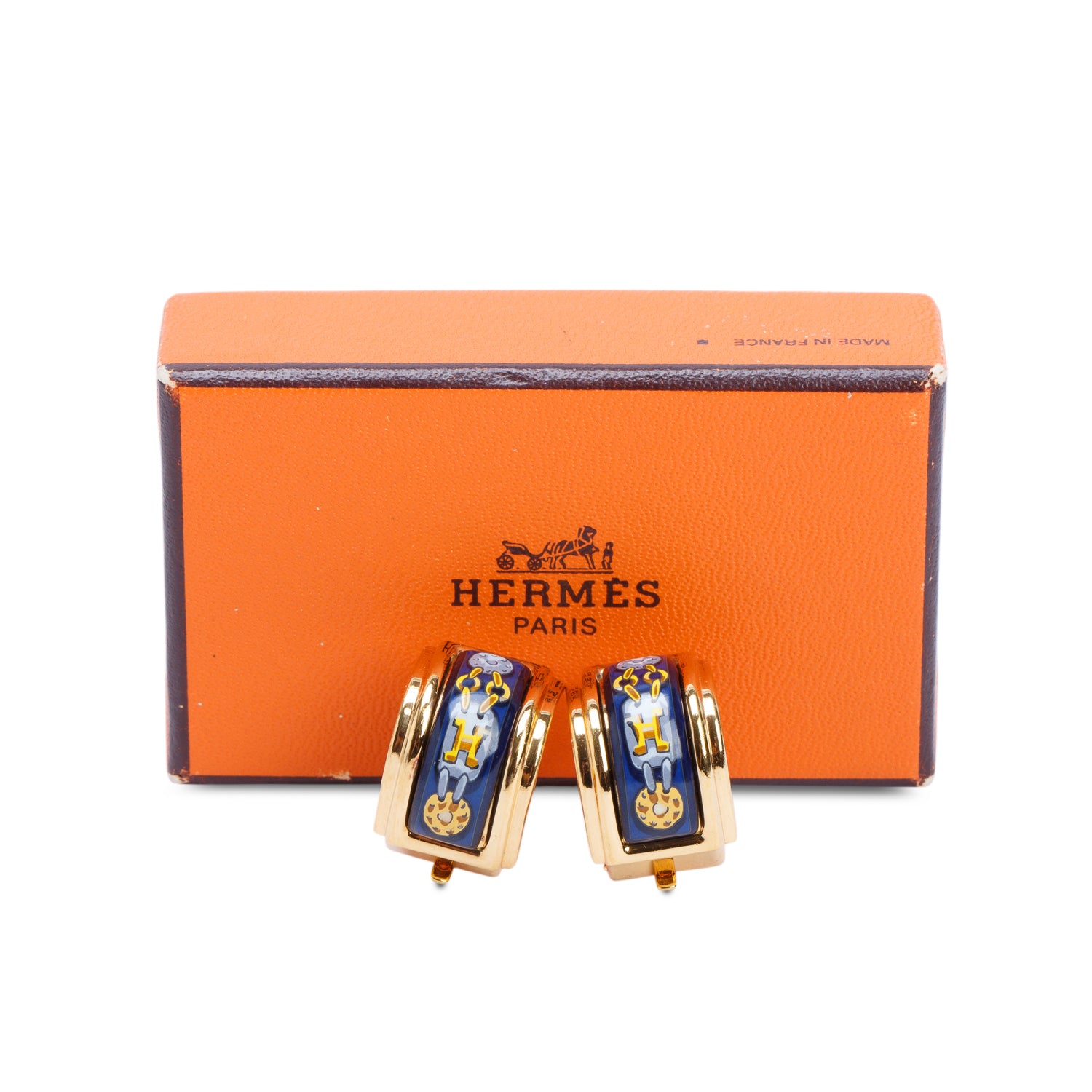 Hermes Vintage Gold Plated Enamel Clip-On Earrings w/ Box