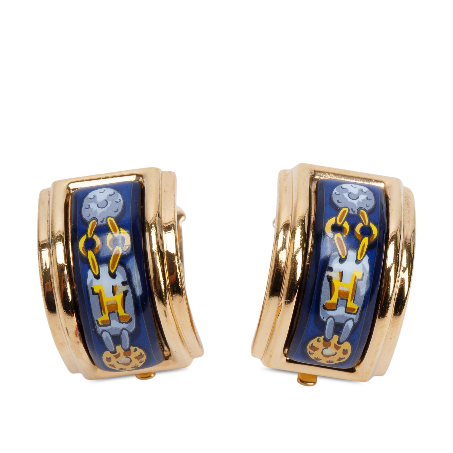 Hermes Vintage Gold Plated Enamel Clip-On Earrings w/ Box