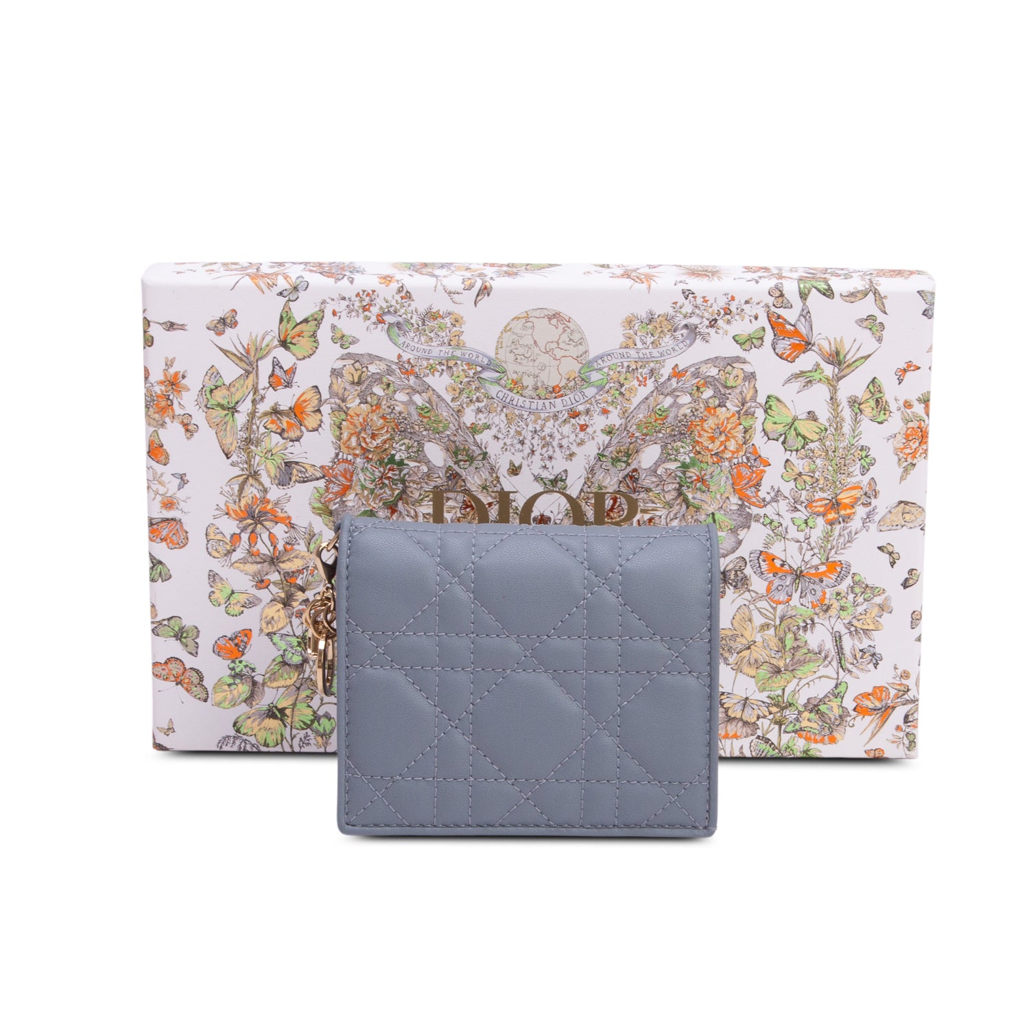 Christian Dior 2023 Blue Cannage Lambskin Mini Lady Dior Gardenia Wallet w/ Box