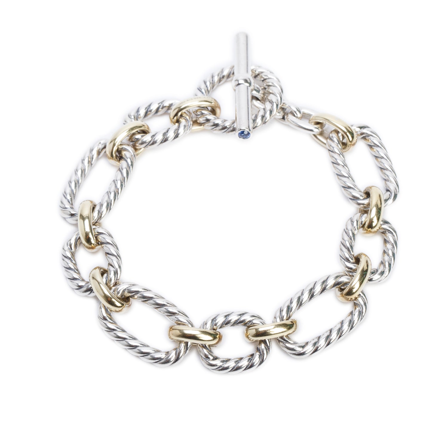 David Yurman Sterling Silver & 18k Yellow Gold Sapphire Cushion Link Chain Bracelet