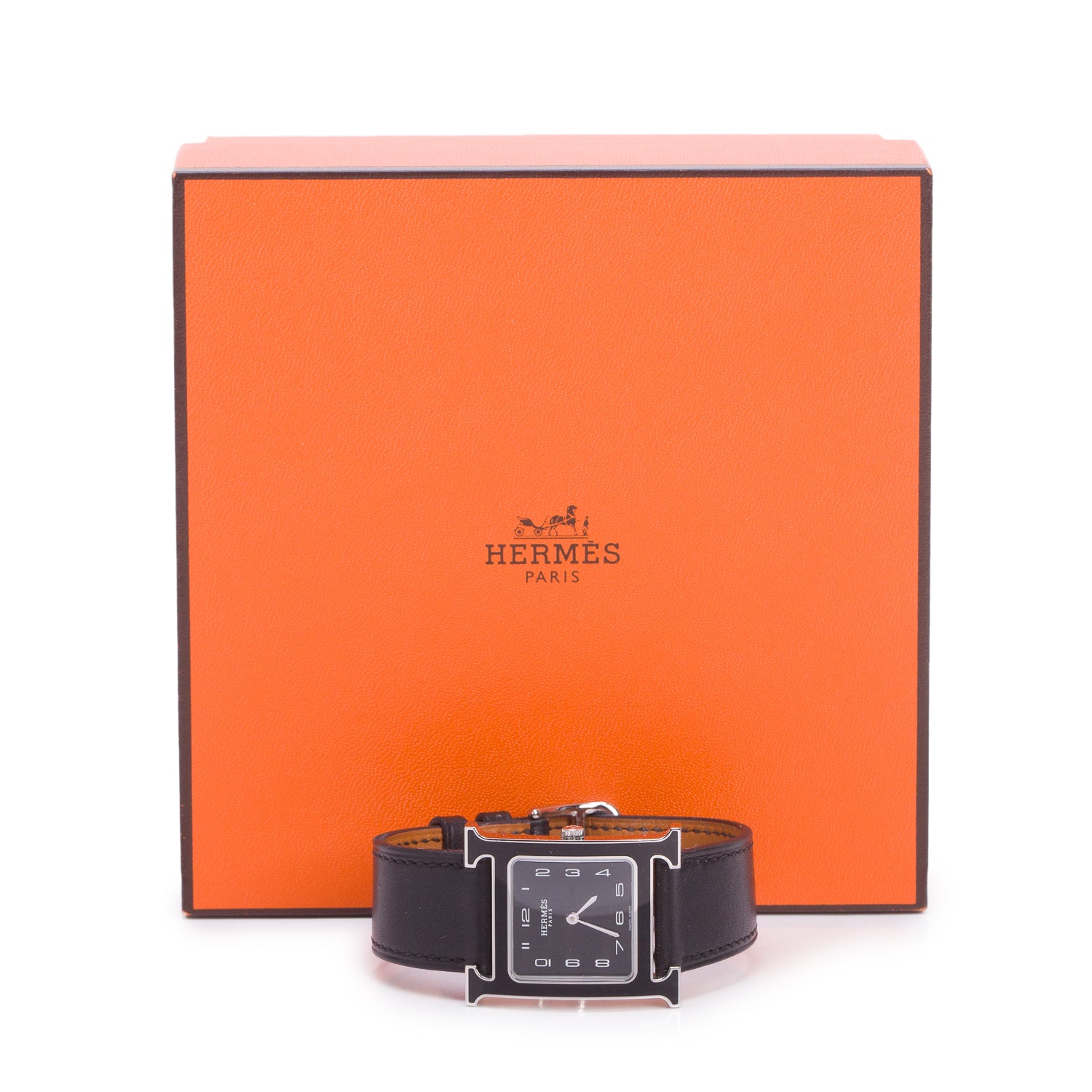 Hermes Stainless Steel Black Enamel Heure H 26 MM Quartz Watch Black Dial w/ Box