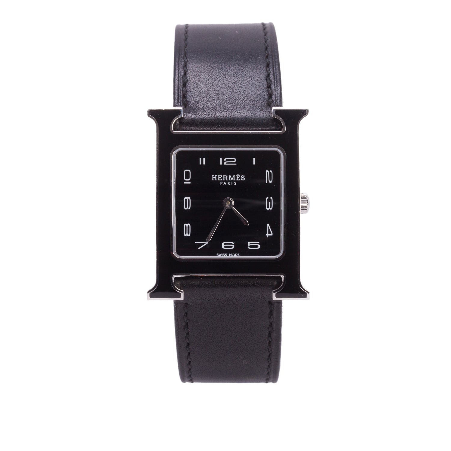 Hermes Stainless Steel Black Enamel Heure H 26 MM Quartz Watch Black Dial w/ Box