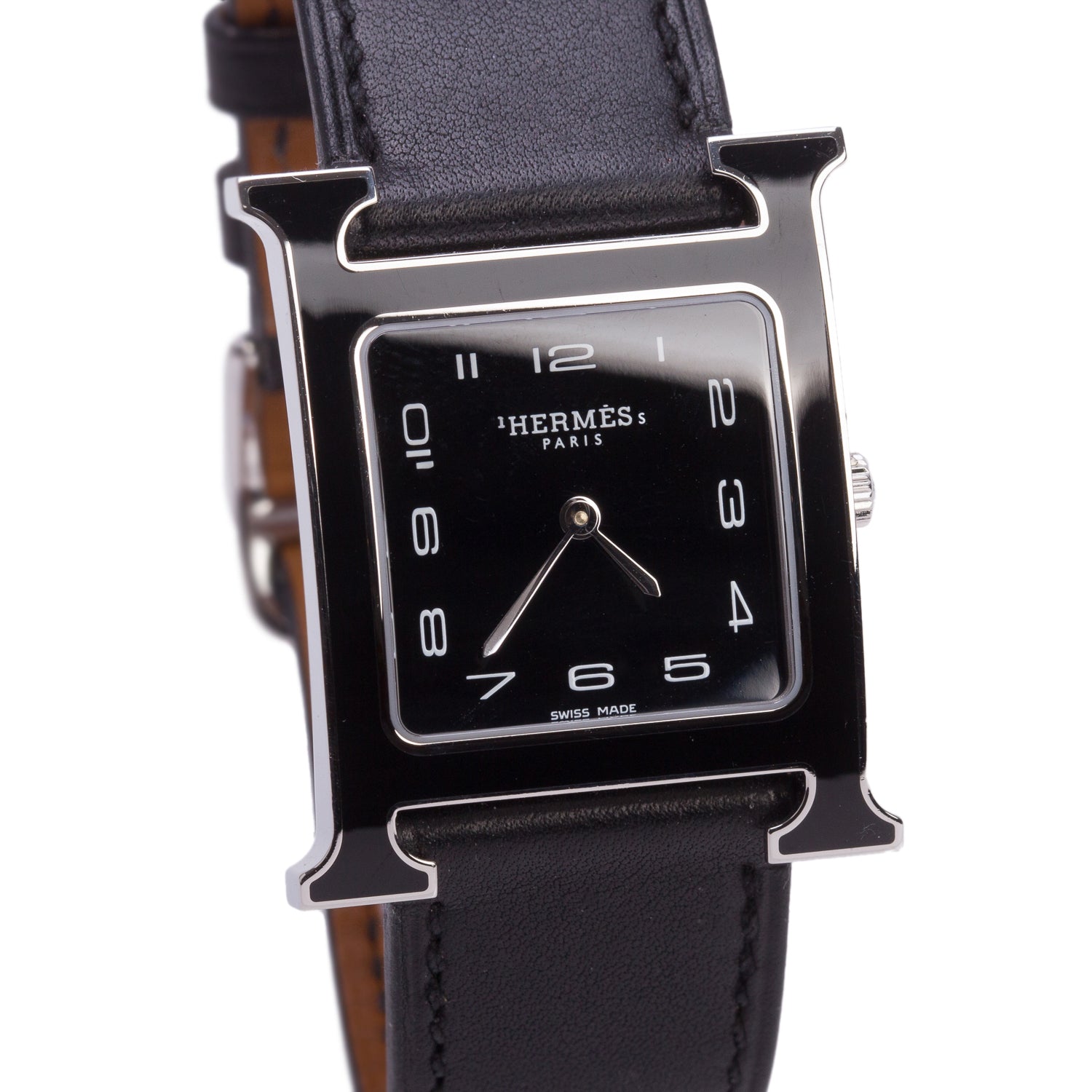 Hermes Stainless Steel Black Enamel Heure H 26 MM Quartz Watch Black Dial w/ Box