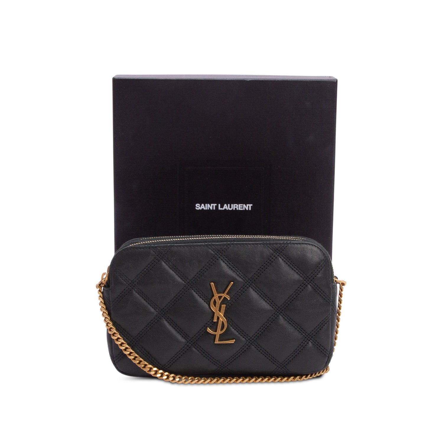 Saint Laurent 2020 Green Grained Lambskin Quilted Mini Becky Double Zip Bag w/ Box