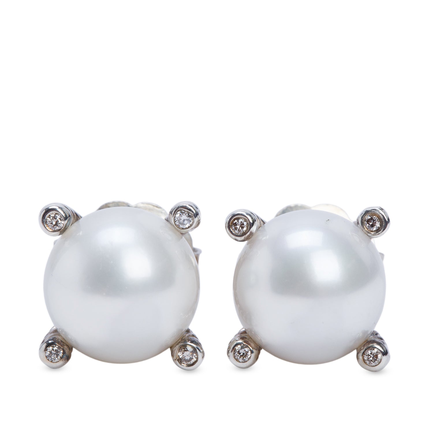 David Yurman Sterling Silver Pearl & Diamond Stud Earrings,14 MM