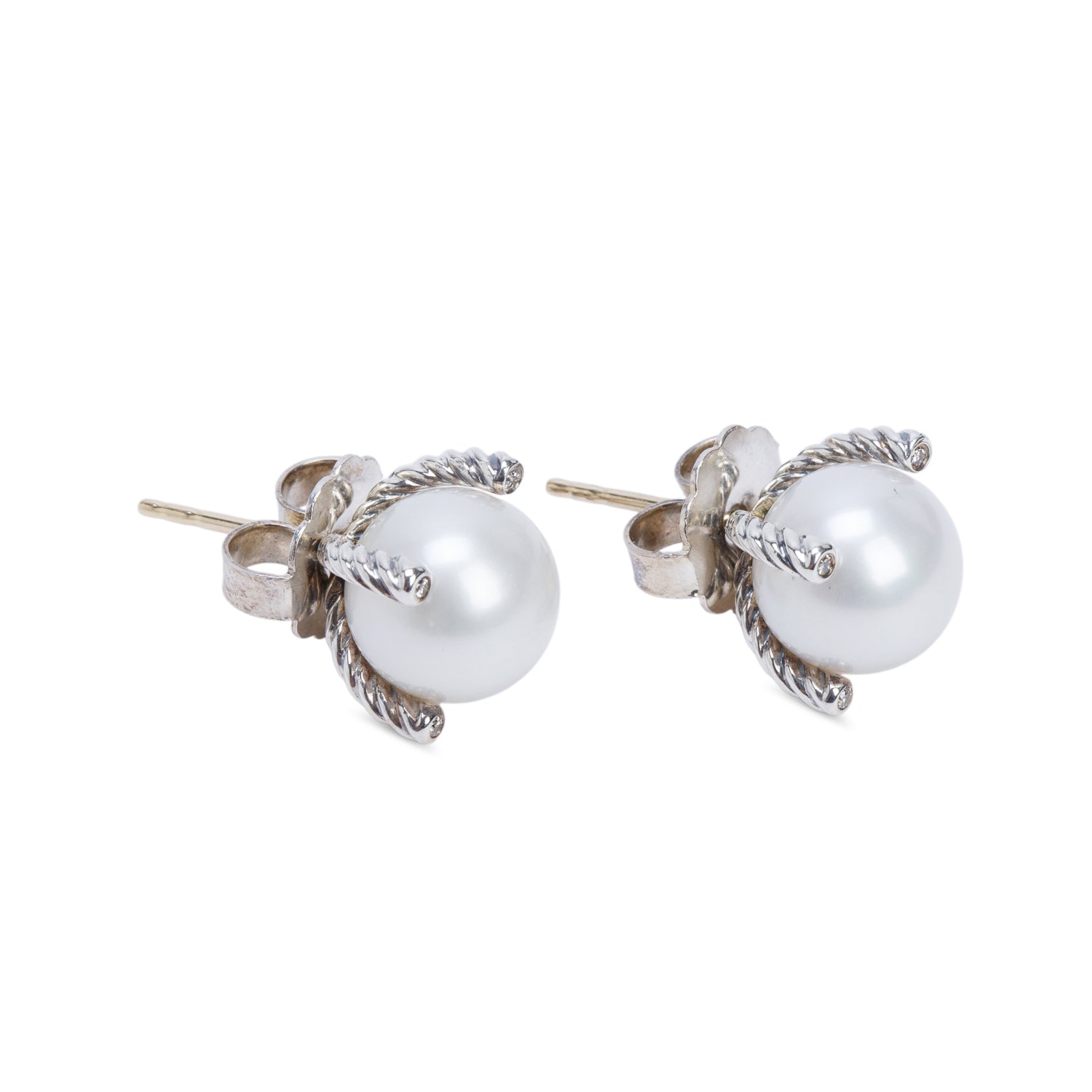 David Yurman Sterling Silver Pearl & Diamond Stud Earrings,14 MM