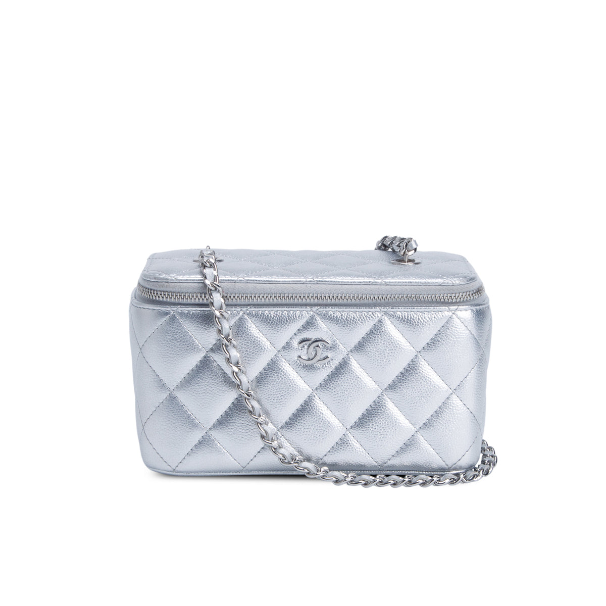 Chanel Metallic Silver Caviar Quilted Leather Small Vanity Case
