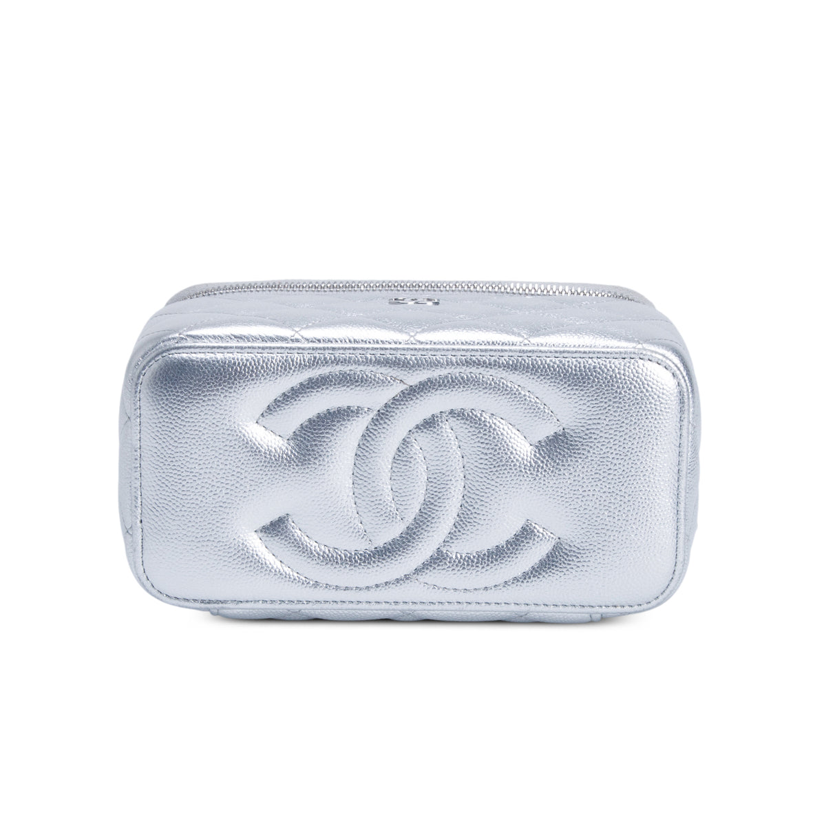 Chanel Metallic Silver Caviar Quilted Leather Small Vanity Case