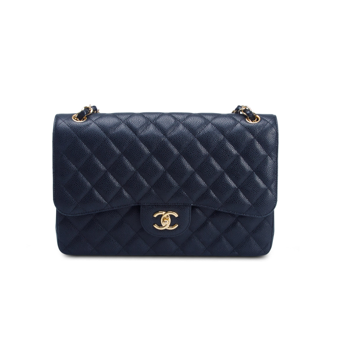 Chanel Black Quilted Caviar Leather Classic Jumbo Double Flap Bag w/ Box