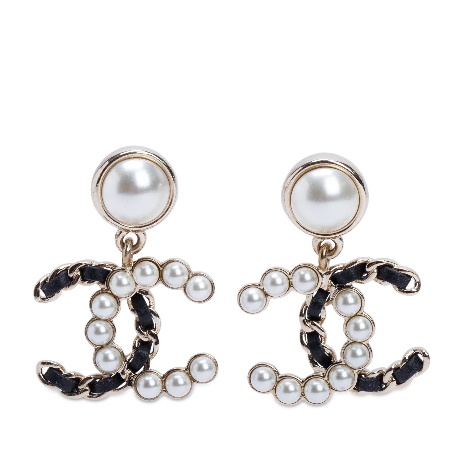 Chanel 2025 Gold-Plated Faux Pearl Black Leather CC Drop Earrings w/ Box