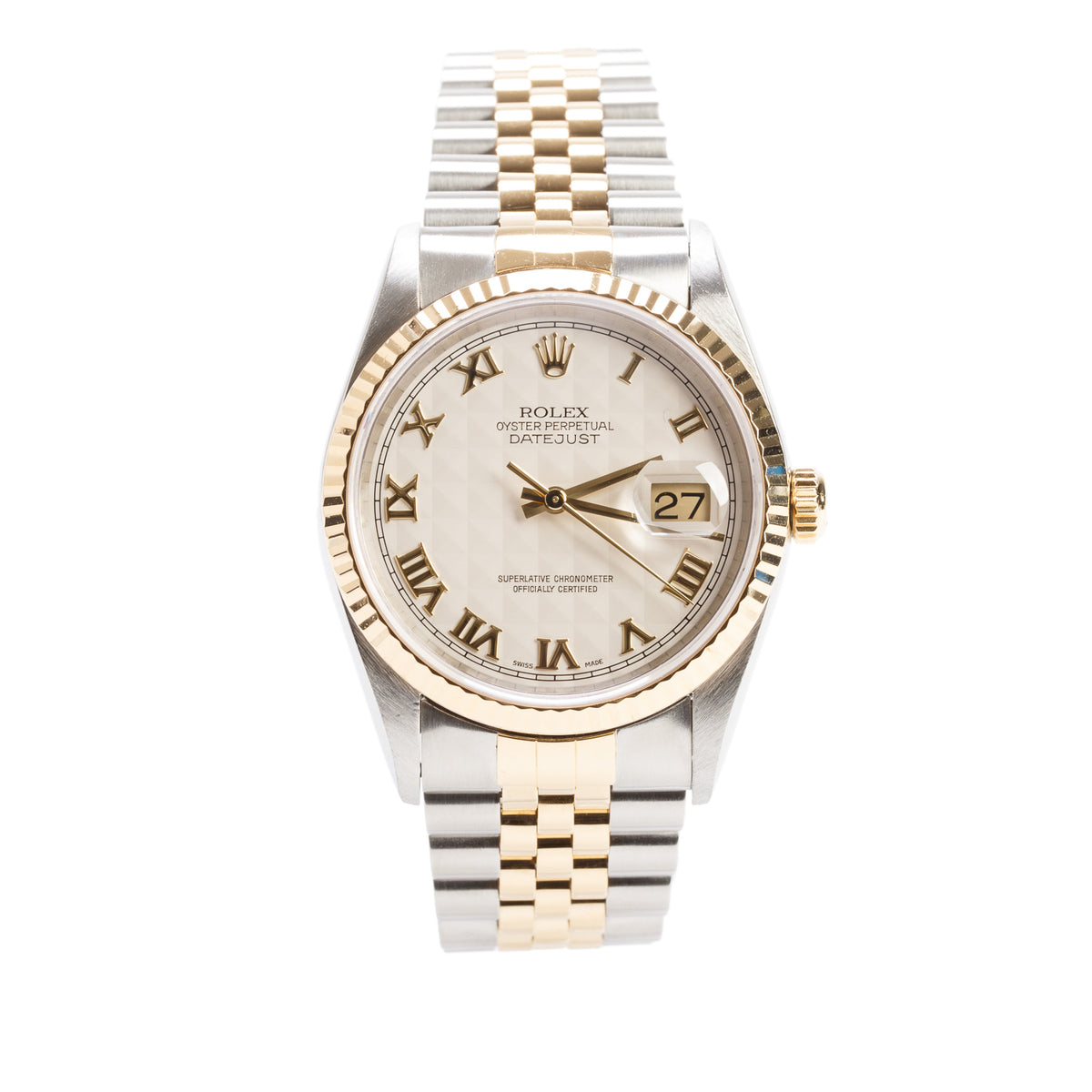 Rolex Stainless Steel & 18k Yellow Gold Datejust 36 MM Automatic Watch Ivory Pyramid Dial 16233