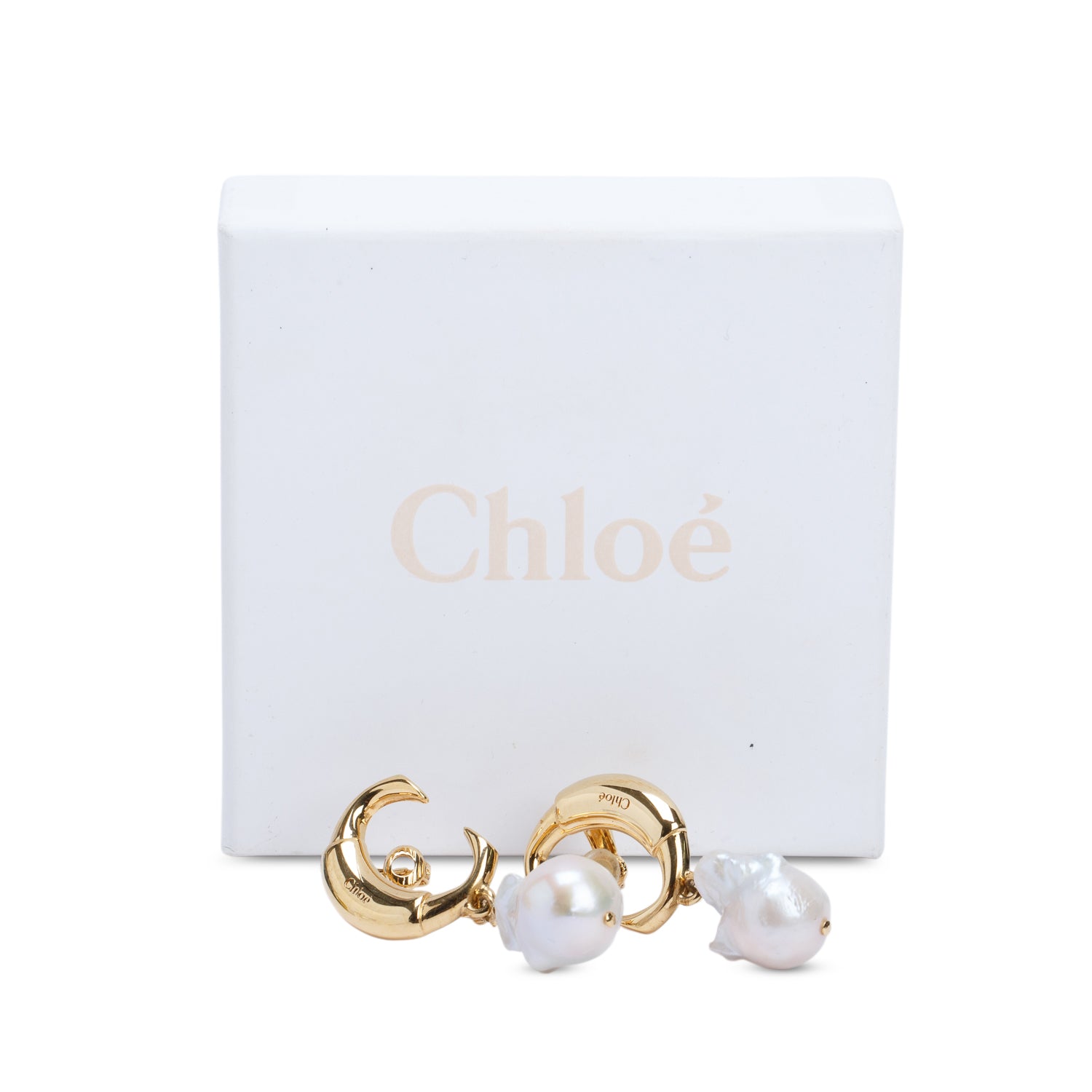 Chloe Gold-Plated Faux Pearl C Drop Earrings w/ Box