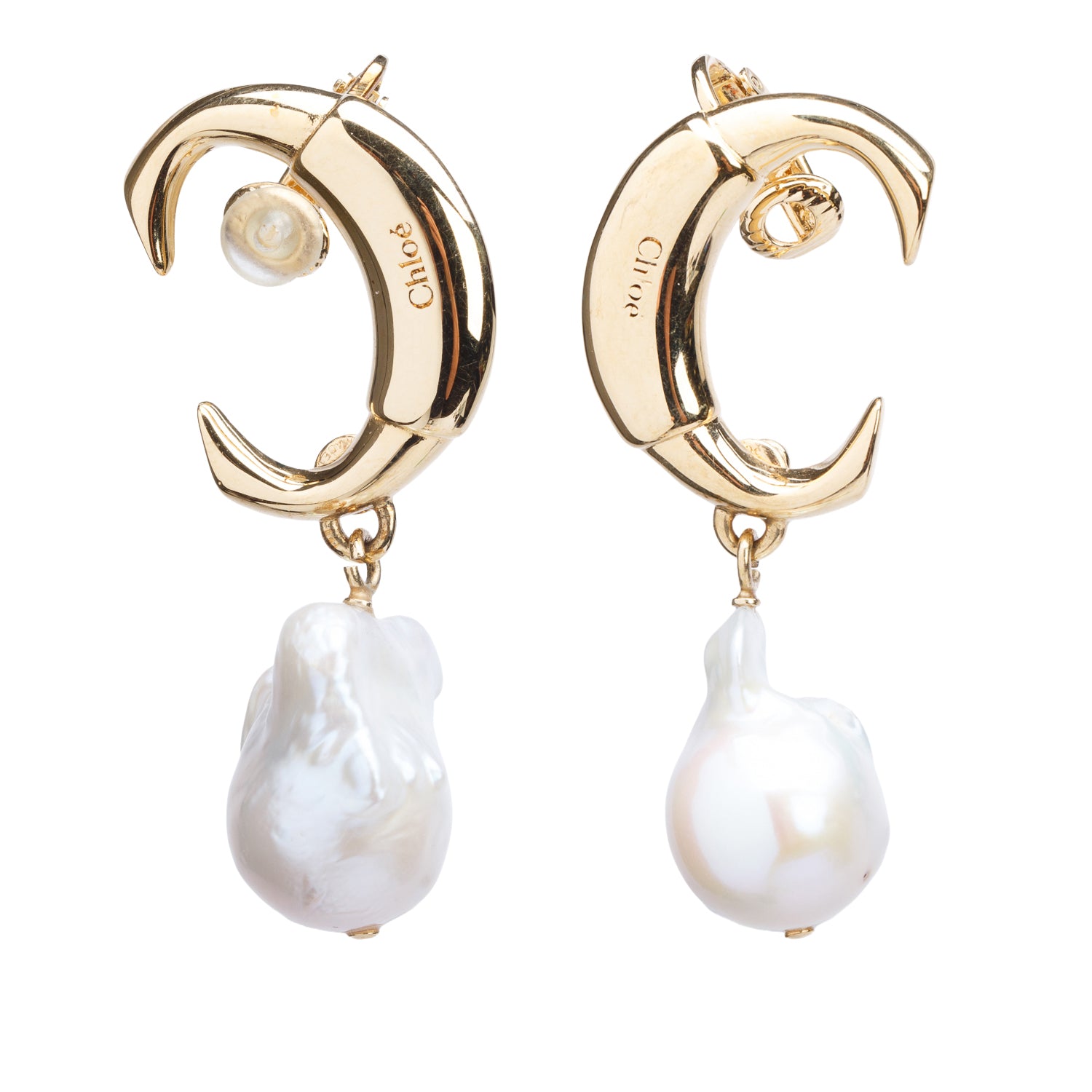 Chloe Gold-Plated Faux Pearl C Drop Earrings w/ Box