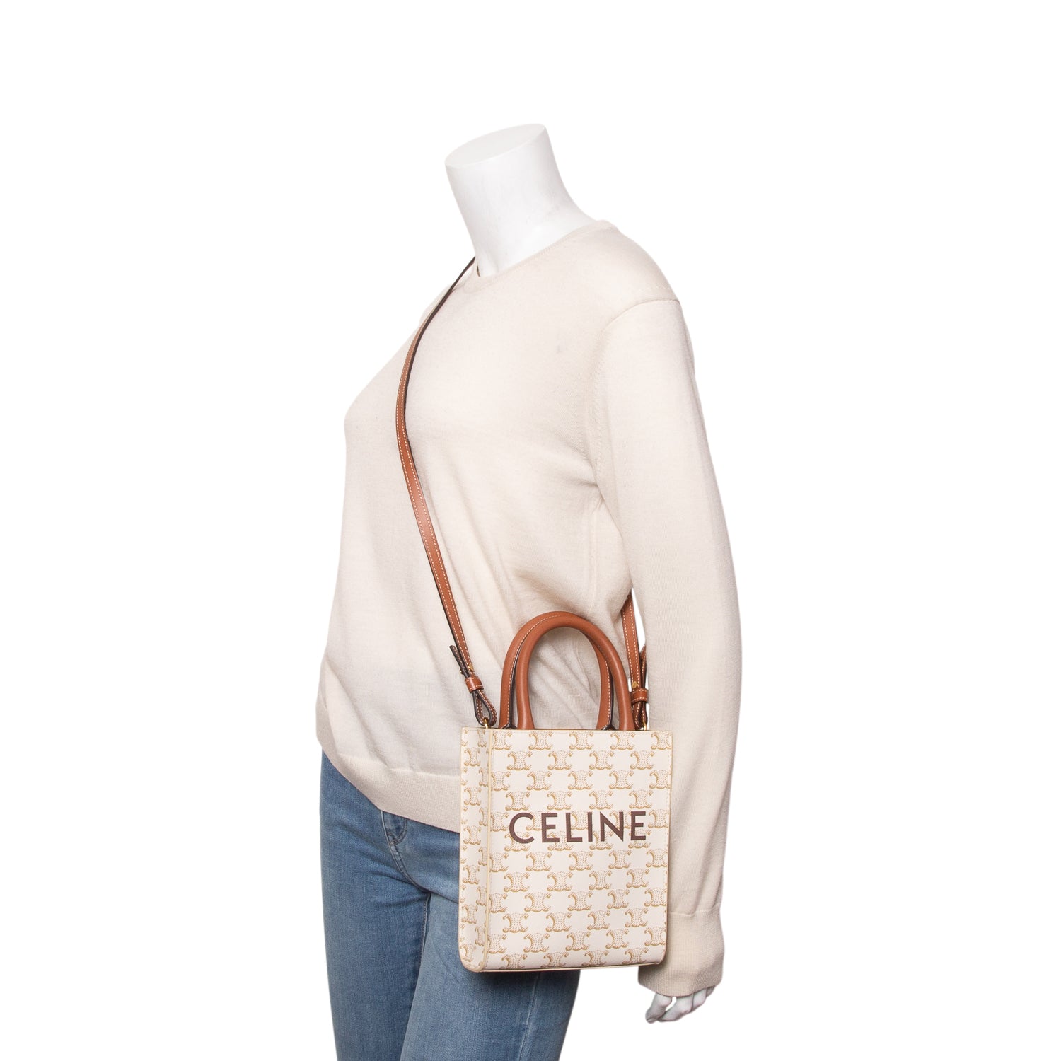 Celine 2022 White Triomphe Canvas Calfskin Mini Vertical Cabas w/ Strap