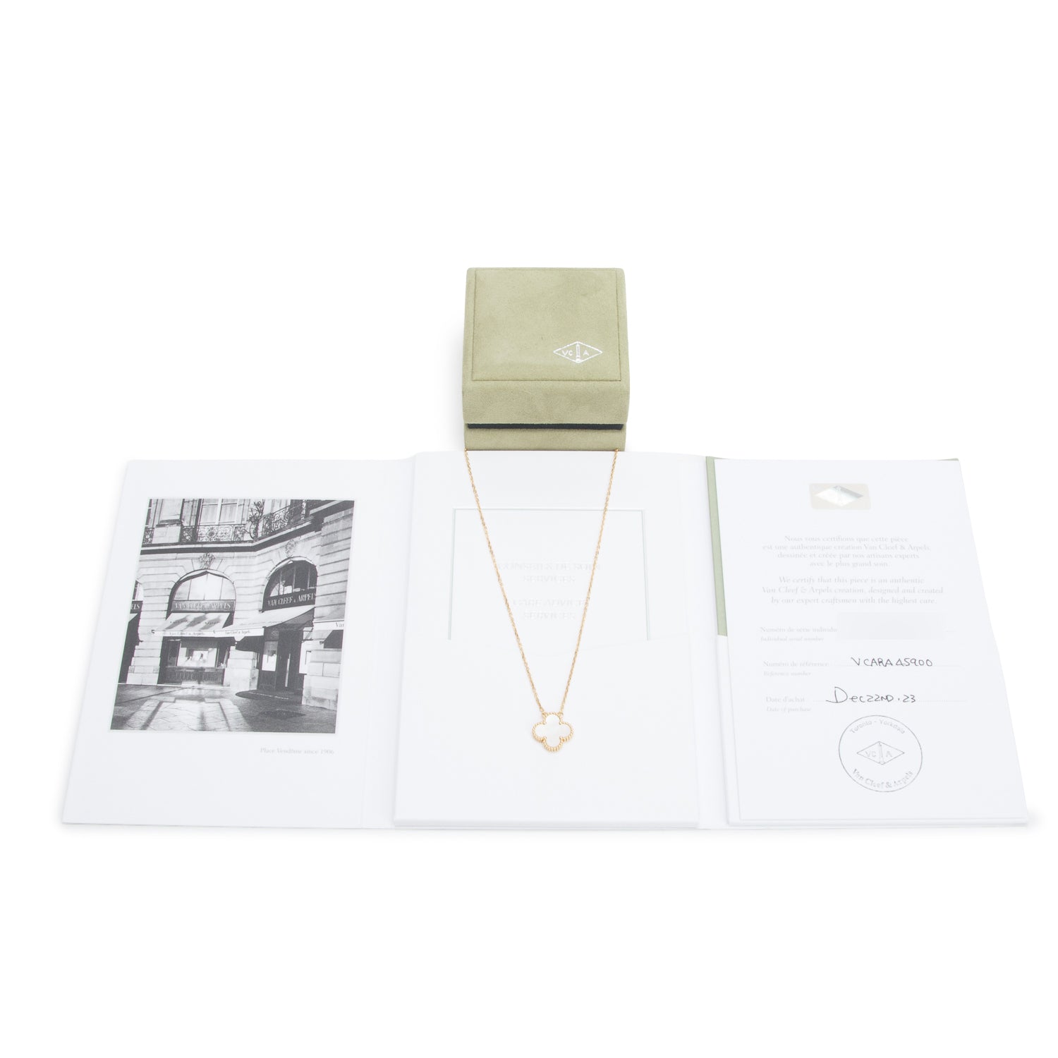 Van Cleef & Arpels 2023 18k Yellow Gold Vintage Alhambra Mother of Pearl Pendant Necklace w/ Box, Receipt & Certificate