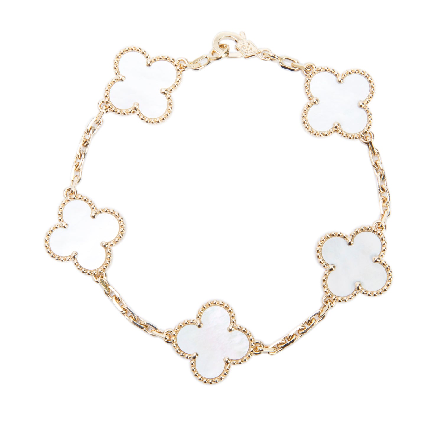 Van Cleef & Arpels 2024 18k Yellow Gold Vintage Alhambra 5 Motif Mother of Pearl Bracelet w/ Box, Receipt & Certificate