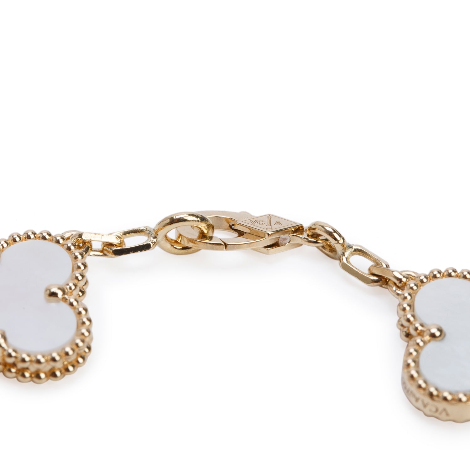 Van Cleef & Arpels 2024 18k Yellow Gold Vintage Alhambra 5 Motif Mother of Pearl Bracelet w/ Box, Receipt & Certificate