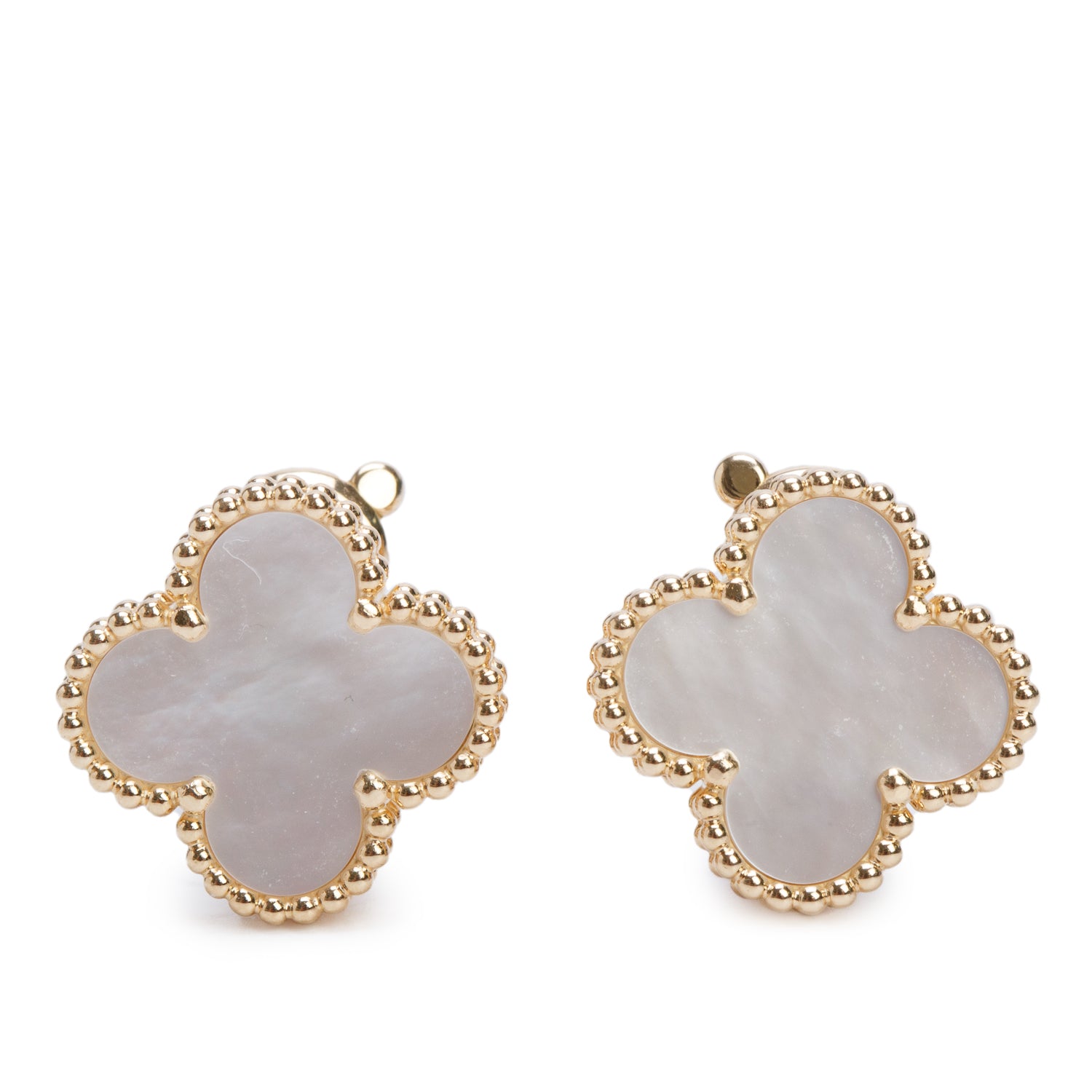 Van Cleef & Arpels 2025 18k Yellow Gold Vintage Alhambra Mother of Pearl Stud Earrings w/ Box, Receipt & Certificate