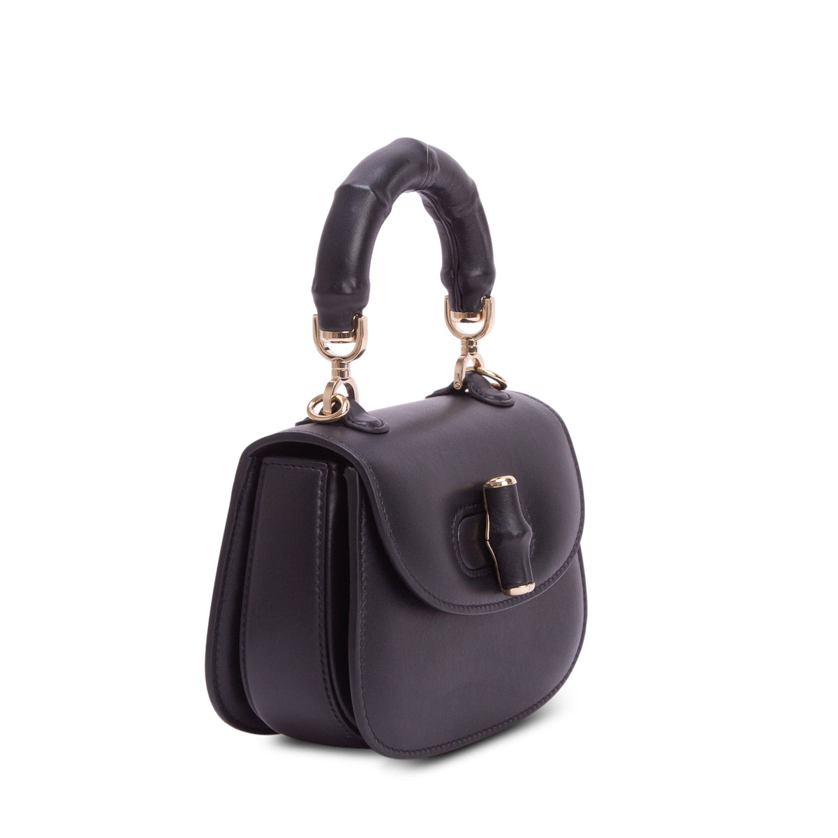 Gucci Black Boarded Dyana Lux Calfskin Web Monochrome Mini Bamboo 1947 Top Handle Bag w/ Strap