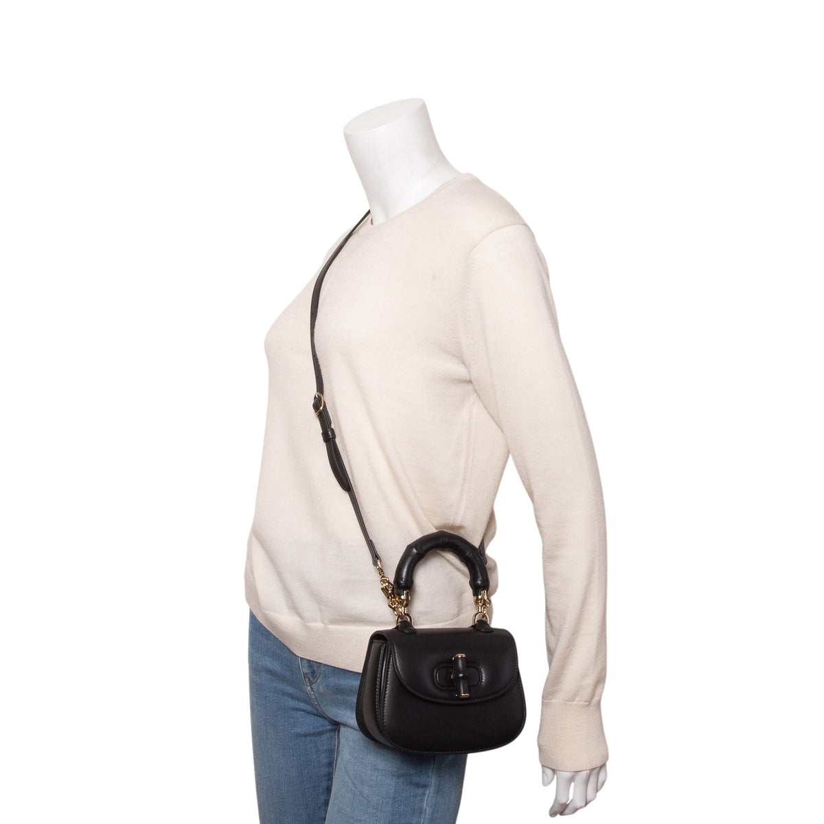 Gucci Black Boarded Dyana Lux Calfskin Web Monochrome Mini Bamboo 1947 Top Handle Bag w/ Strap