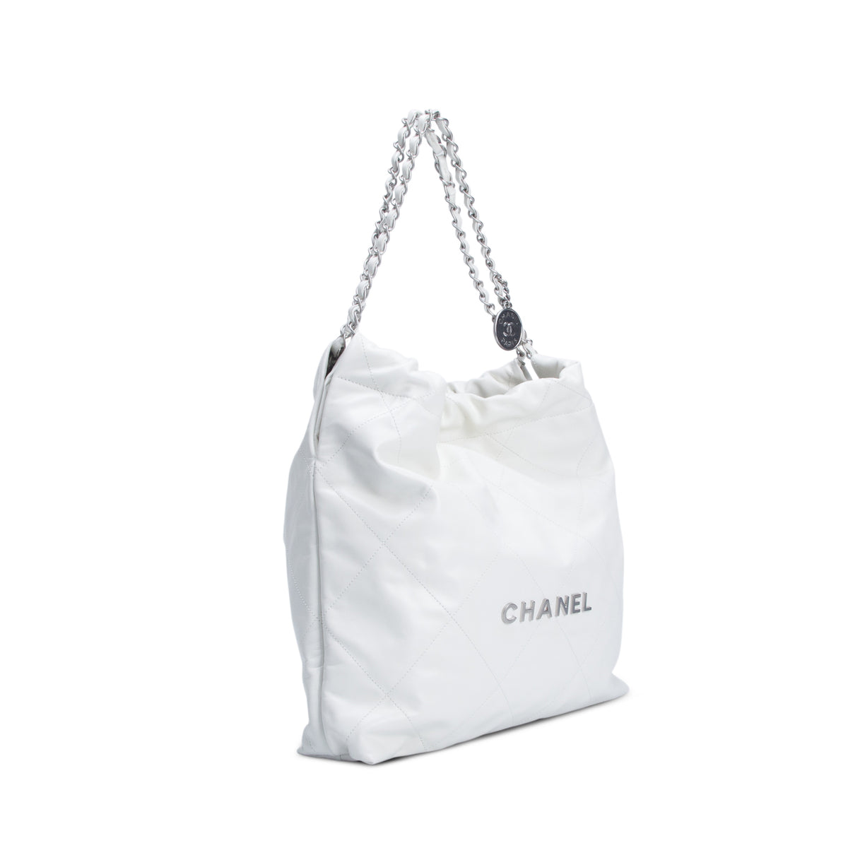 Chanel 2026 White Shiny Calfskin Quilted Large 22 w/ Pouch & Receipt