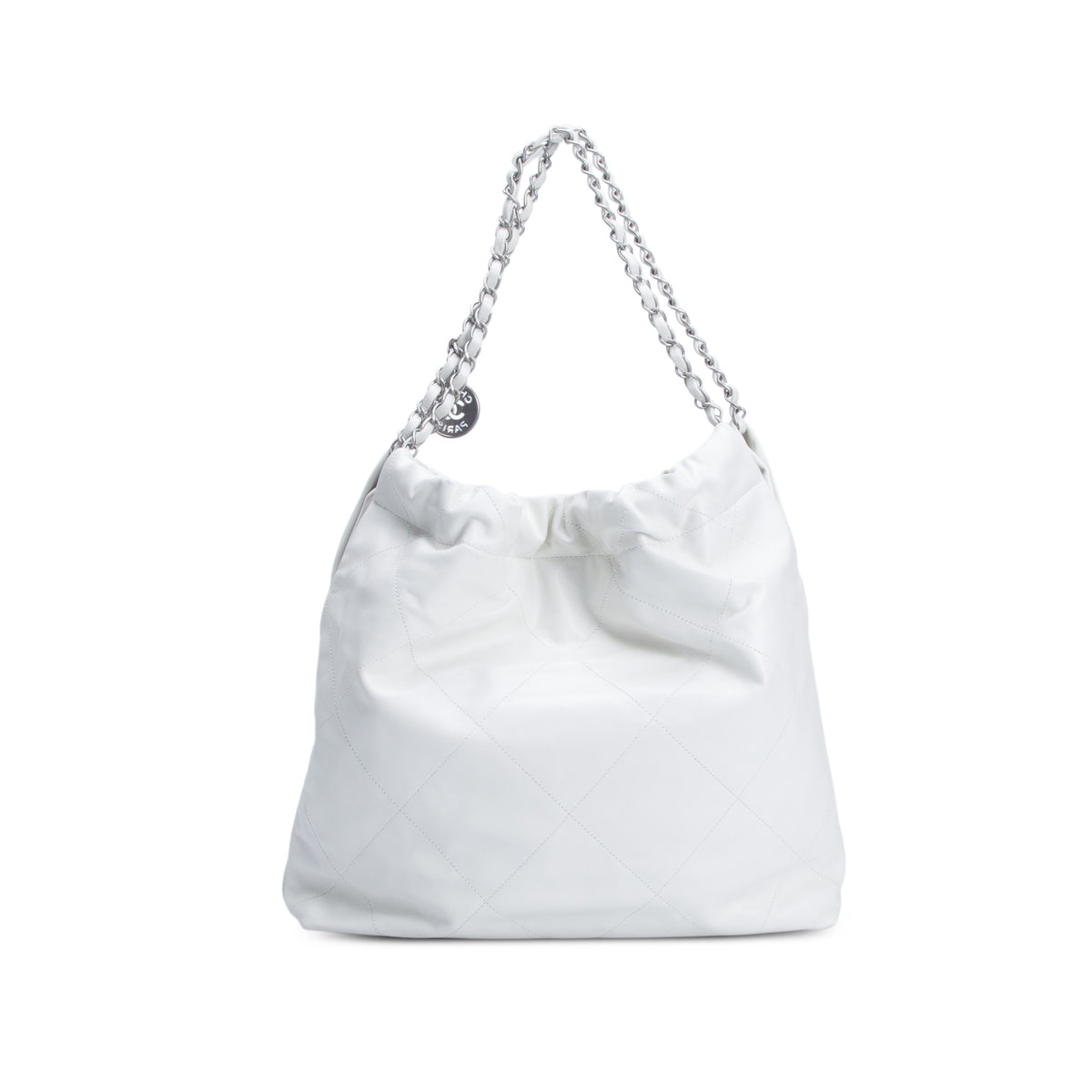 Chanel 2026 White Shiny Calfskin Quilted Large 22 w/ Pouch & Receipt