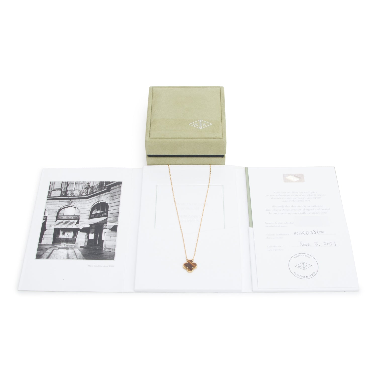 Van Cleef & Arpels 2022 18k Yellow Gold Vintage Alhambra Tiger Eye Pendant Necklace w/ Box & Certificate