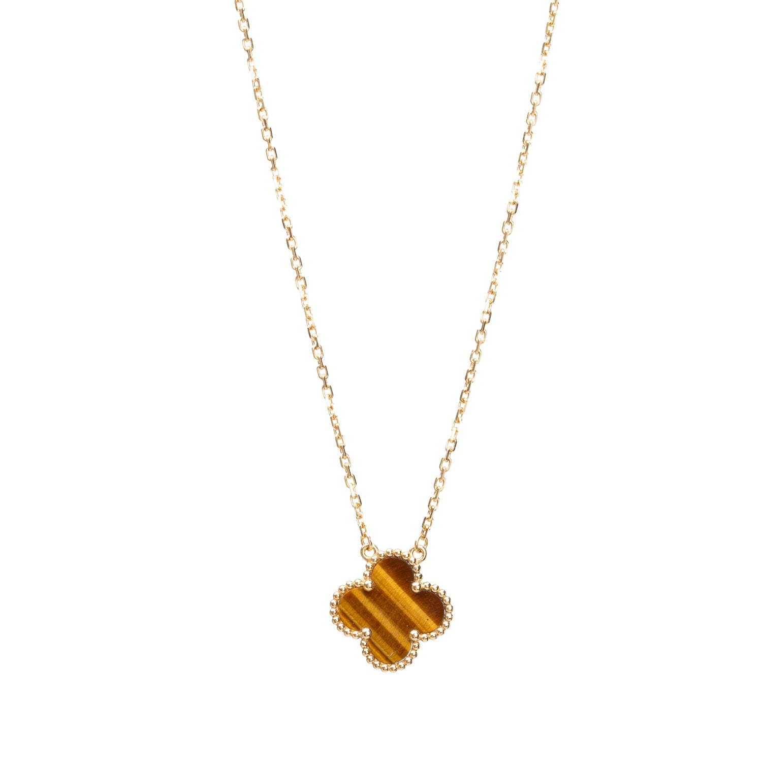 Van Cleef & Arpels 2022 18k Yellow Gold Vintage Alhambra Tiger Eye Pendant Necklace w/ Box & Certificate