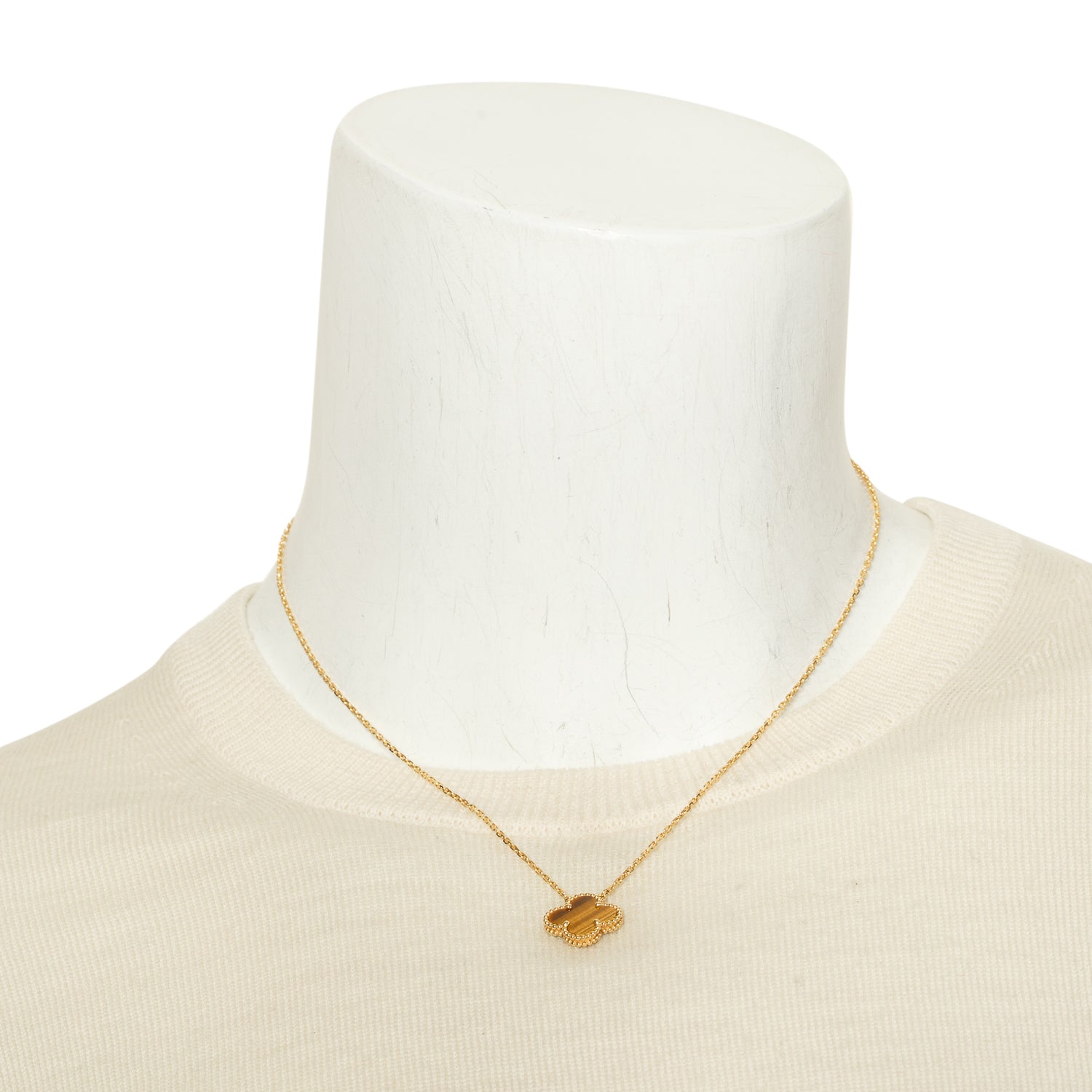 Van Cleef & Arpels 2022 18k Yellow Gold Vintage Alhambra Tiger Eye Pendant Necklace w/ Box & Certificate