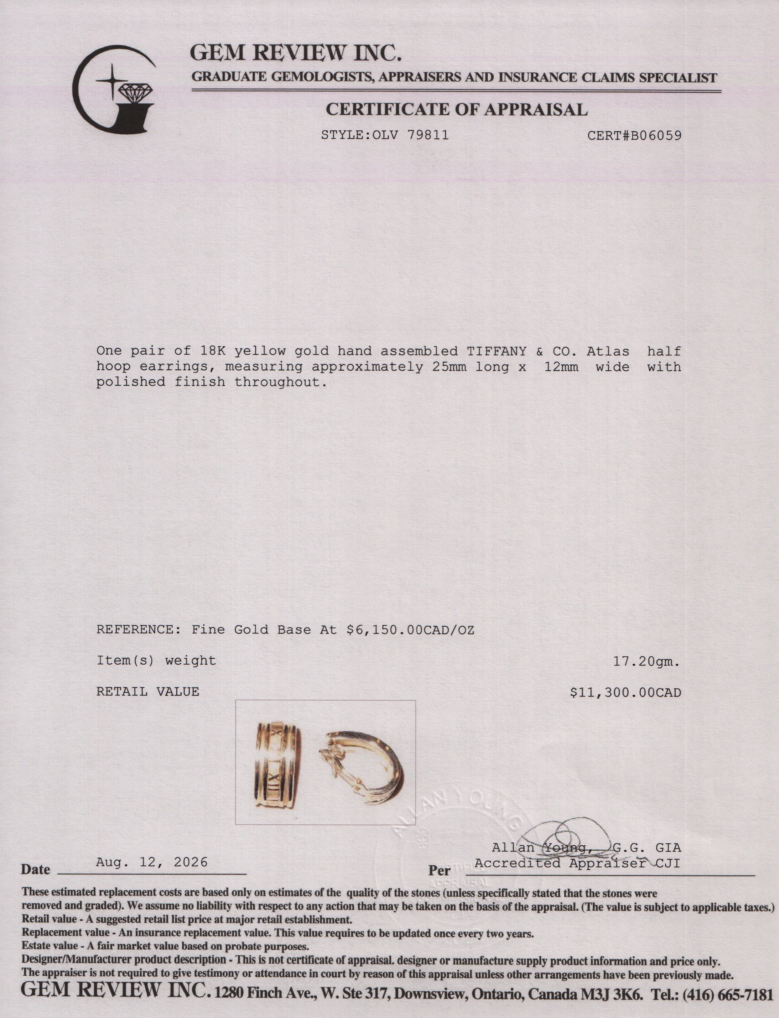 Tiffany & Co. 18k Yellow Gold Atlas Half Hoop Earrings w/ Box
