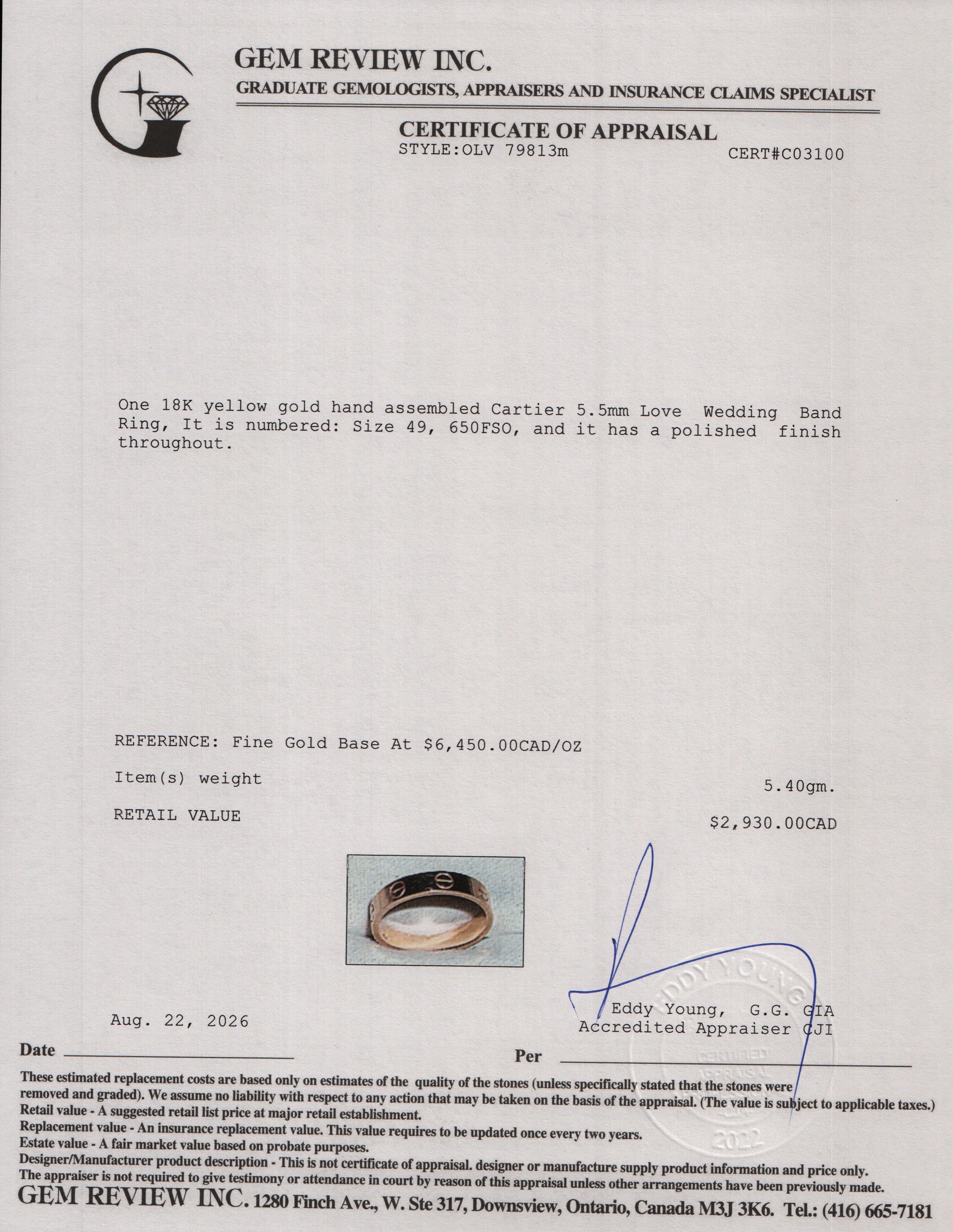 Cartier 2026 18k Yellow Gold 5.5 MM Love Ring, Classic Model, Size 49 5 w/ Box & Certificate