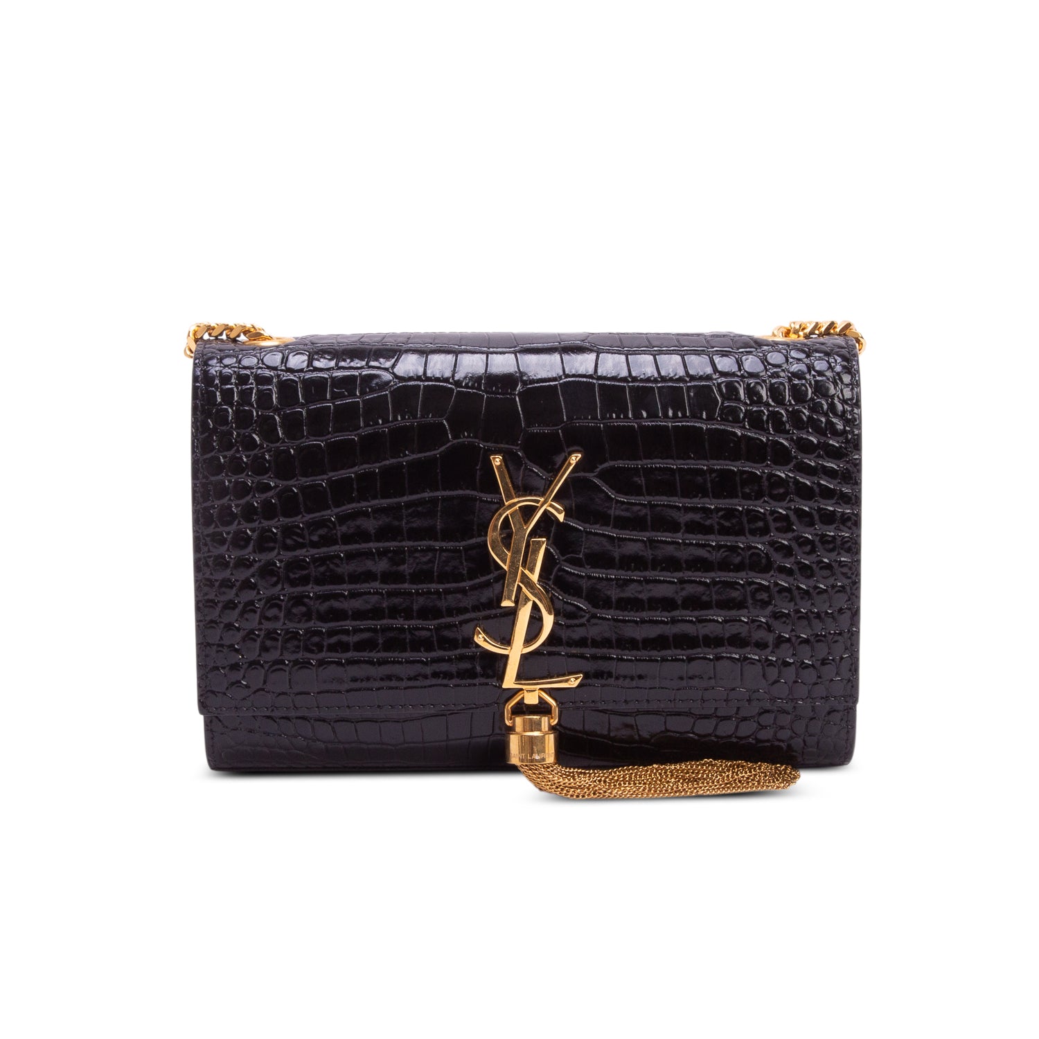 Saint Laurent 2022 Black Croc-Embossed Leather Small Classic Monogram Kate Tassel Chain Bag
