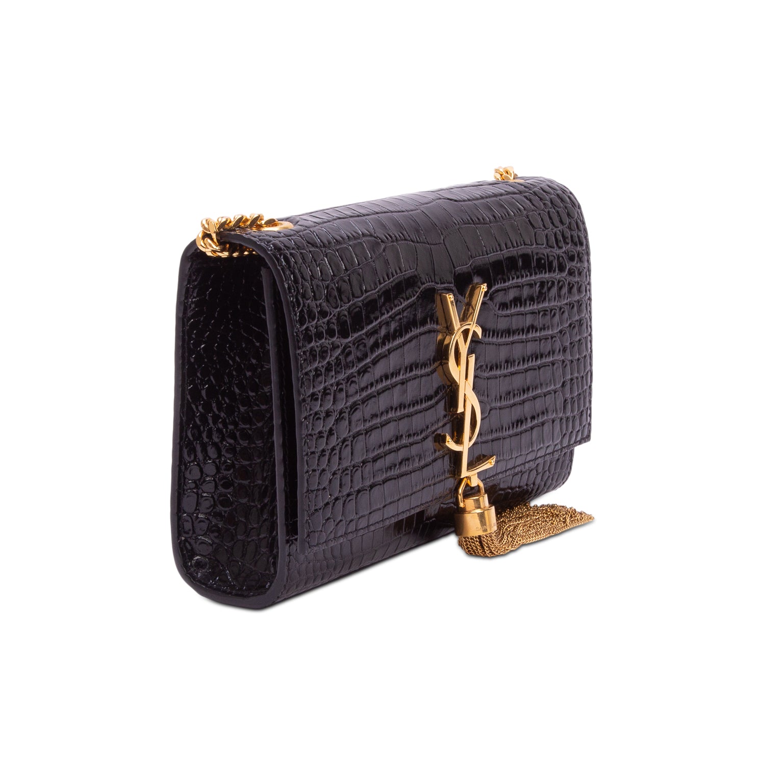 Saint Laurent 2022 Black Croc-Embossed Leather Small Classic Monogram Kate Tassel Chain Bag