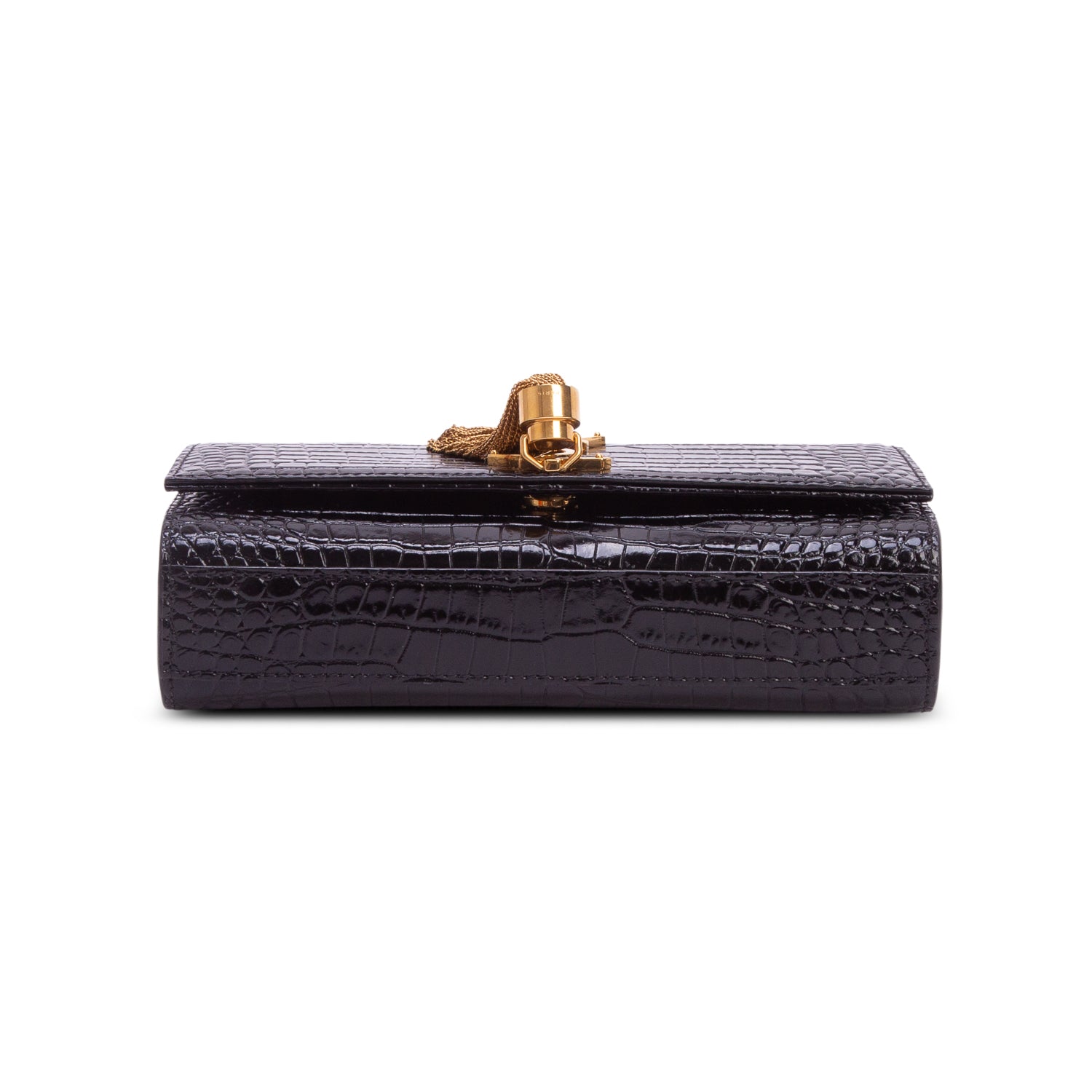 Saint Laurent 2022 Black Croc-Embossed Leather Small Classic Monogram Kate Tassel Chain Bag