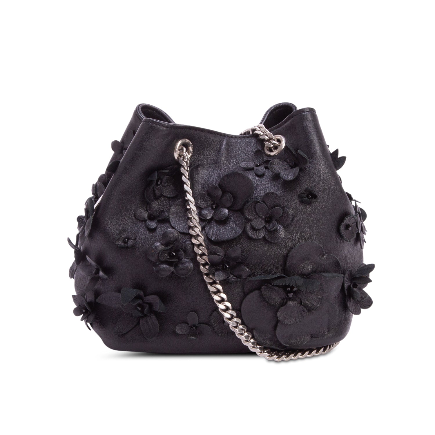 Saint Laurent Black Calfskin Floral Applique Emmanuel BB Bucket Bag