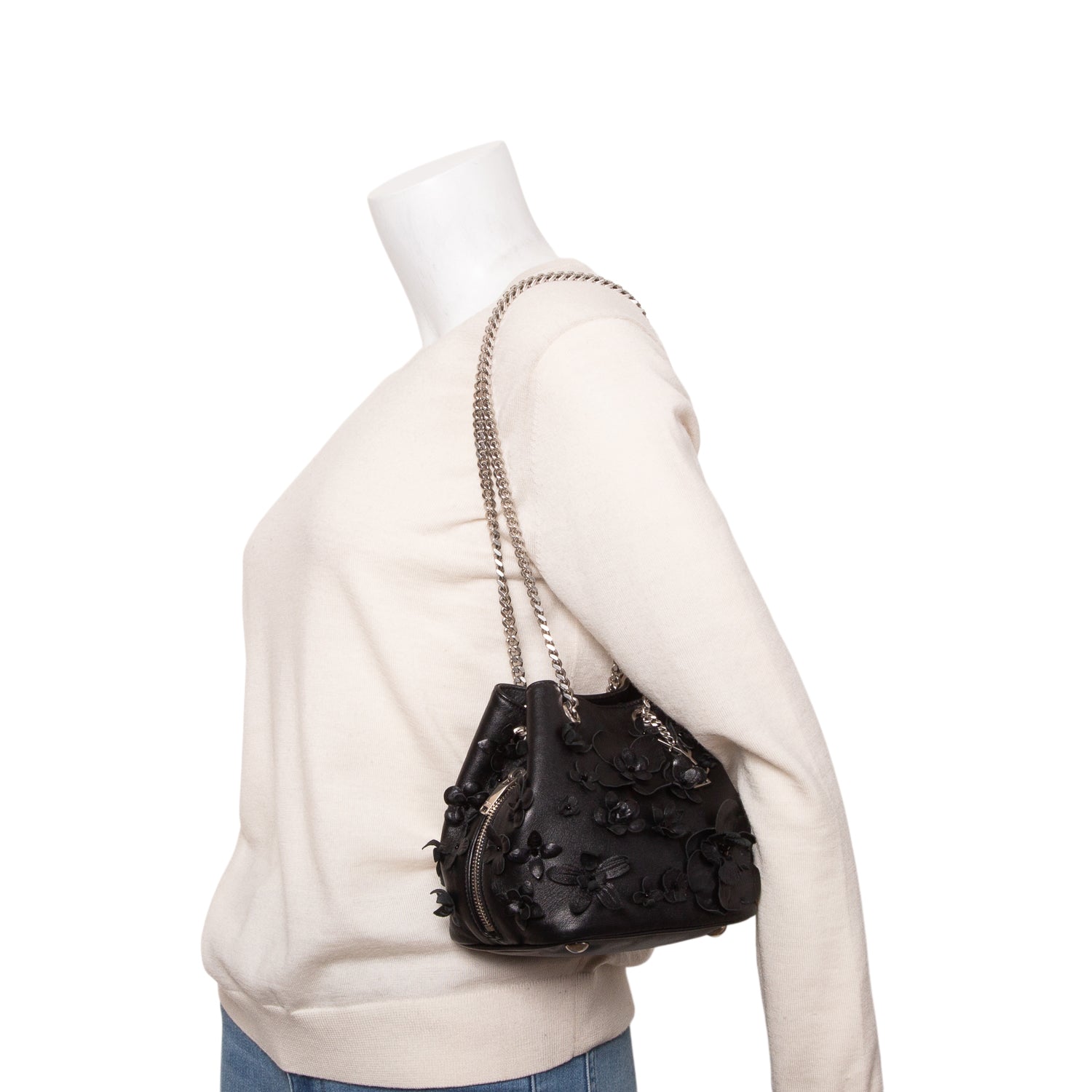Saint Laurent Black Calfskin Floral Applique Emmanuel BB Bucket Bag