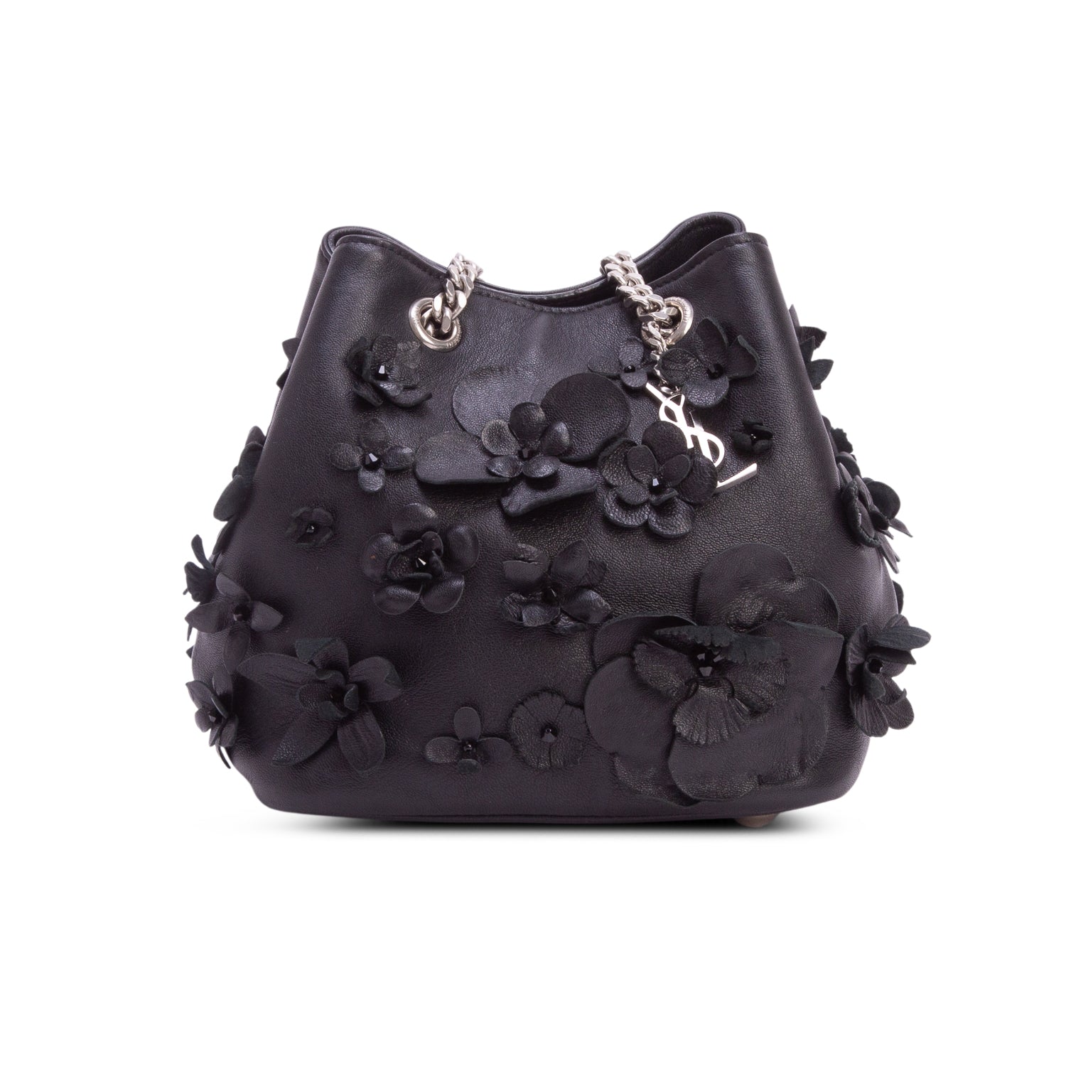 Saint Laurent Black Calfskin Floral Applique Emmanuel BB Bucket Bag