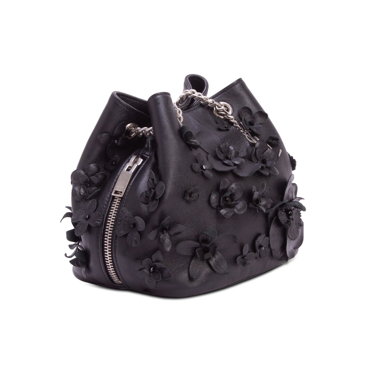 Saint Laurent Black Calfskin Floral Applique Emmanuel BB Bucket Bag