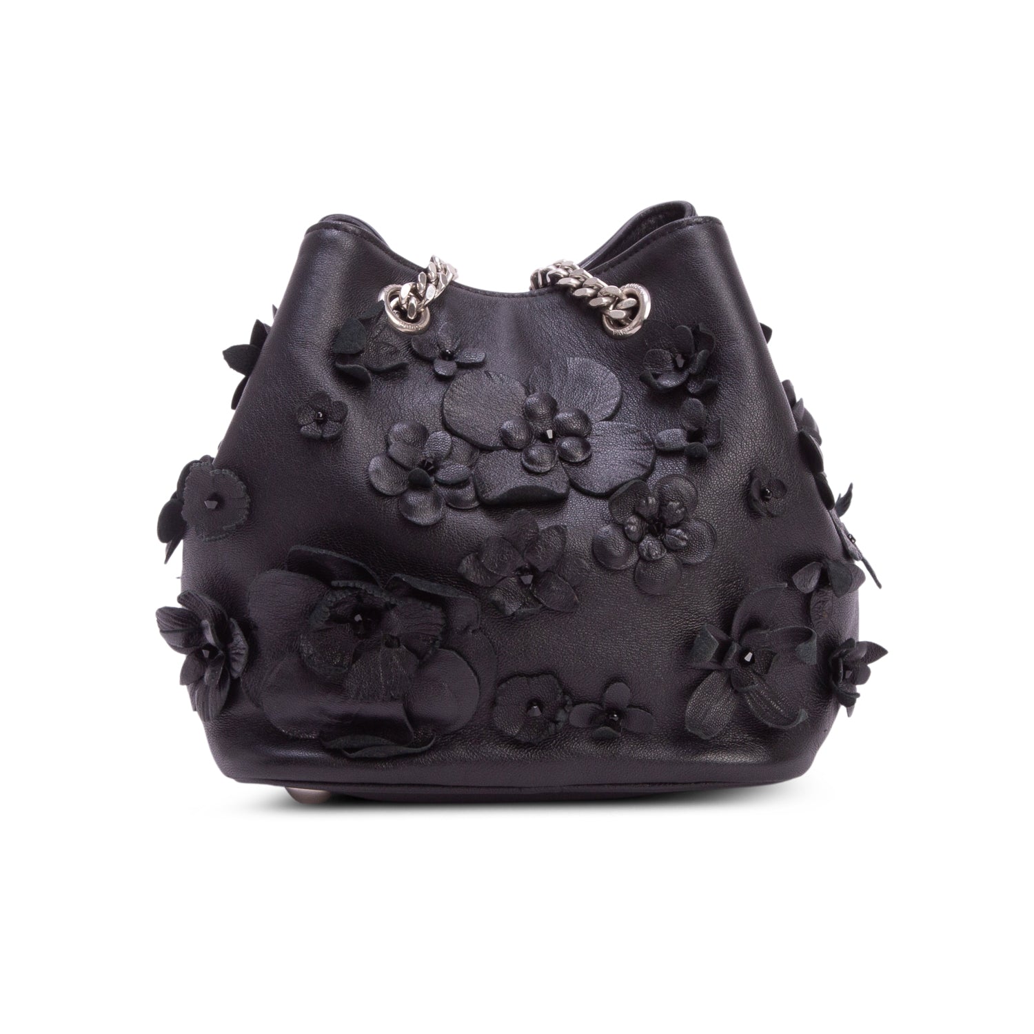 Saint Laurent Black Calfskin Floral Applique Emmanuel BB Bucket Bag