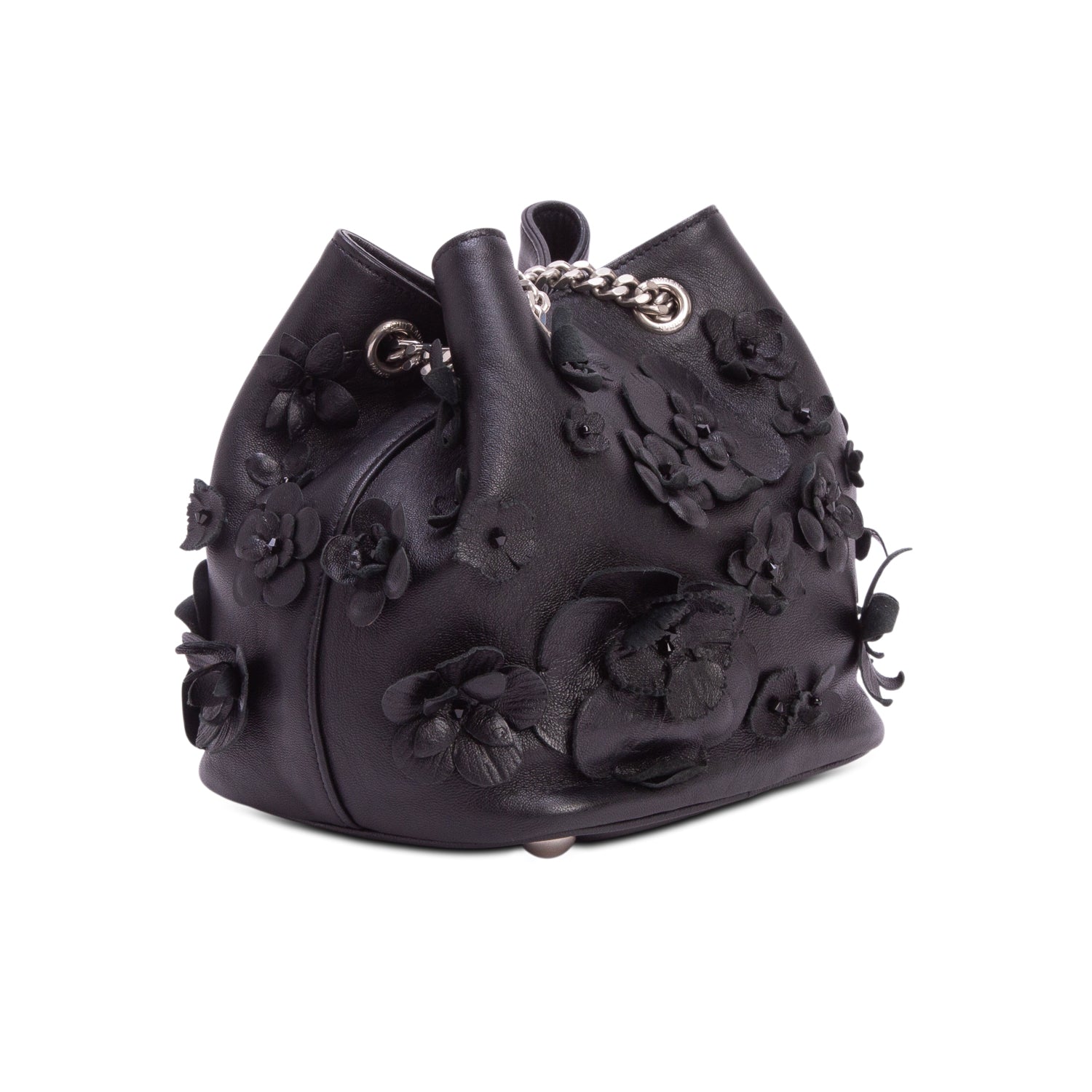 Saint Laurent Black Calfskin Floral Applique Emmanuel BB Bucket Bag