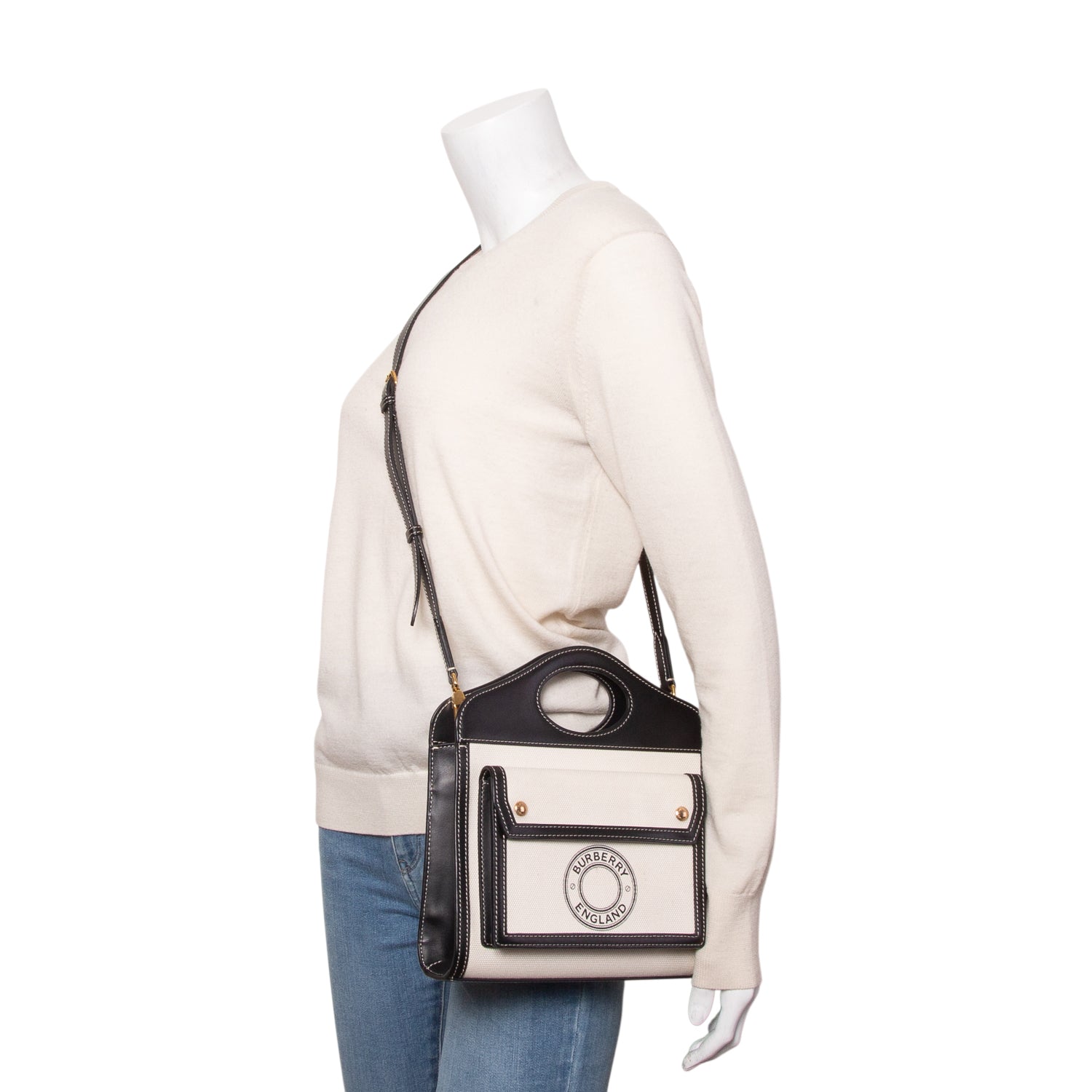 Burberry White Canvas Smooth Calfskin Two Tone Mini Pocket Bag w/ Strap