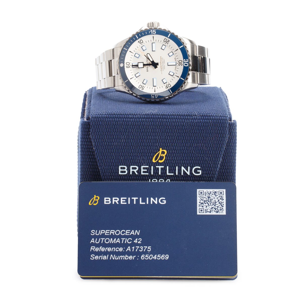 Breitling Stainless Steel Superocean 42 MM Automatic Watch Blue Bezel Silver Dial A17375 w/ Box & Papers