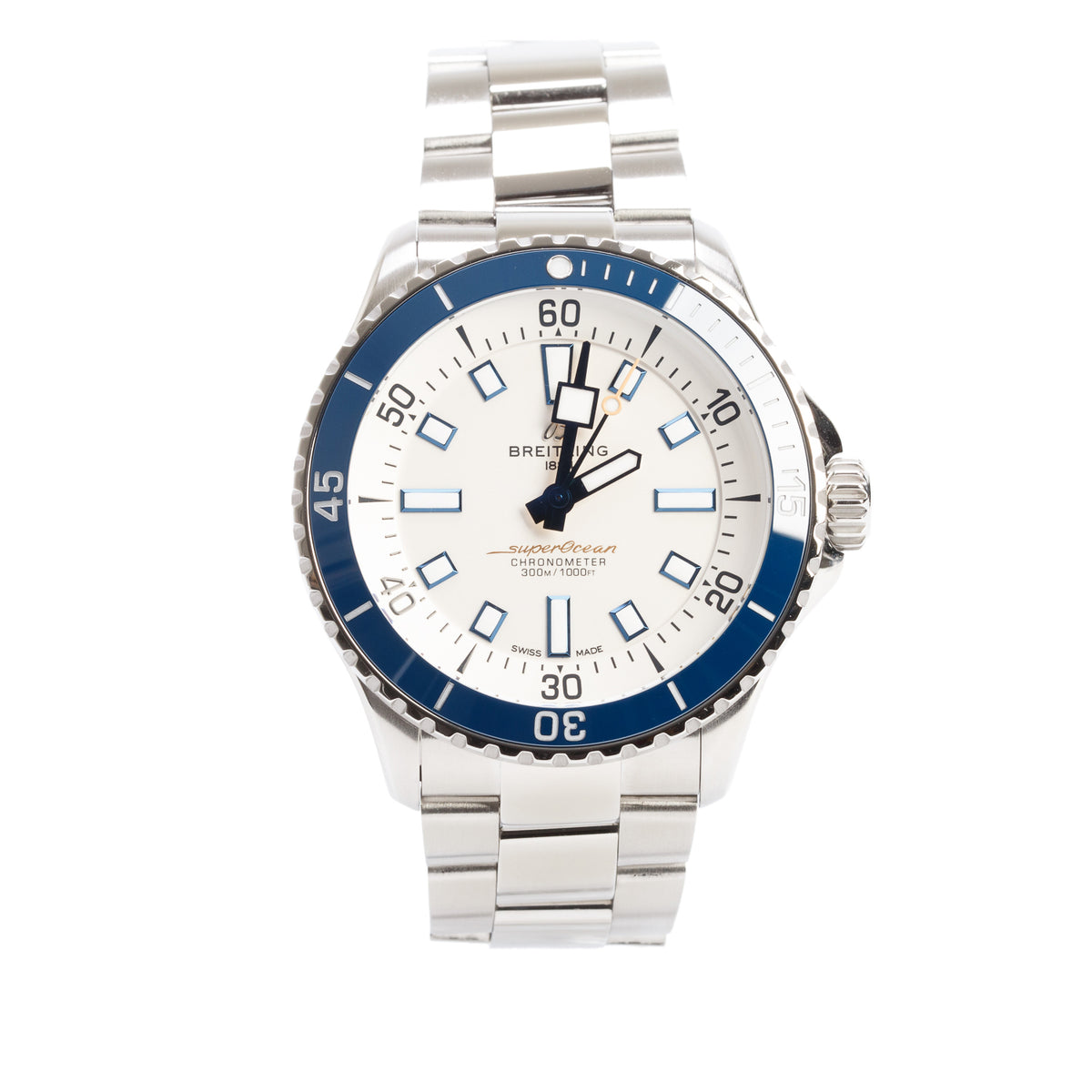 Breitling Stainless Steel Superocean 42 MM Automatic Watch Blue Bezel Silver Dial A17375 w/ Box & Papers